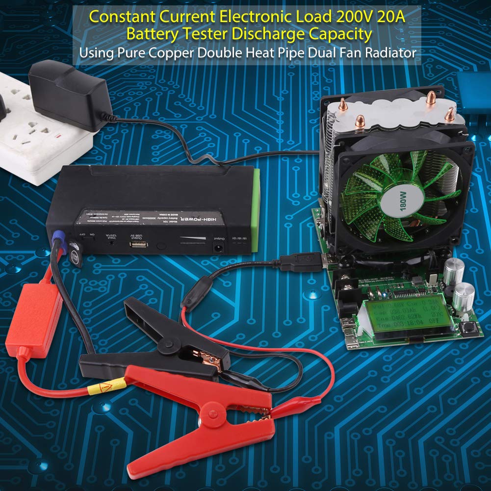 180W USB Battery Capacity Tester - 0-200V 0-20A Constant Current Load Discharge Analyzer with Cooling Fan, US Plug & Clip Cable for Lithium/Pb Battery Testing (Perfect for RC Cars, Solar Systems & DIY Electronics)