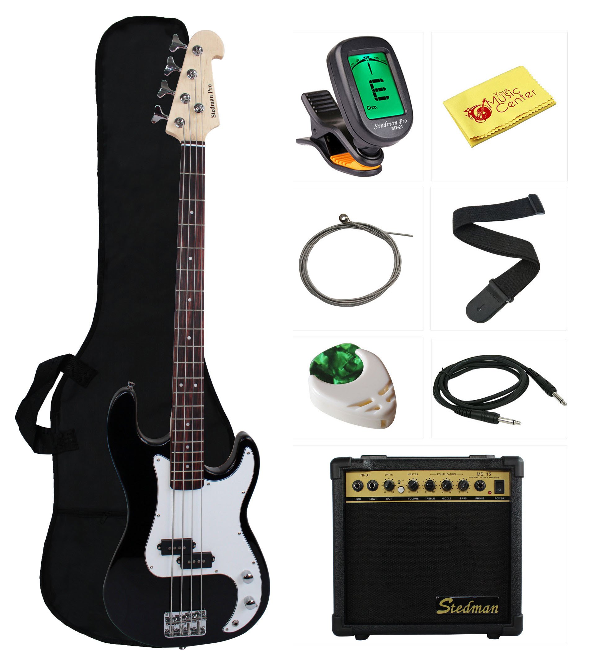 Stedman Beginner Bass Guitar Bundle with 15W Amp, Gig Bag, Accessories & Polishing Cloth - Black | Complete Starter Kit for New Musicians & Practice Sessions