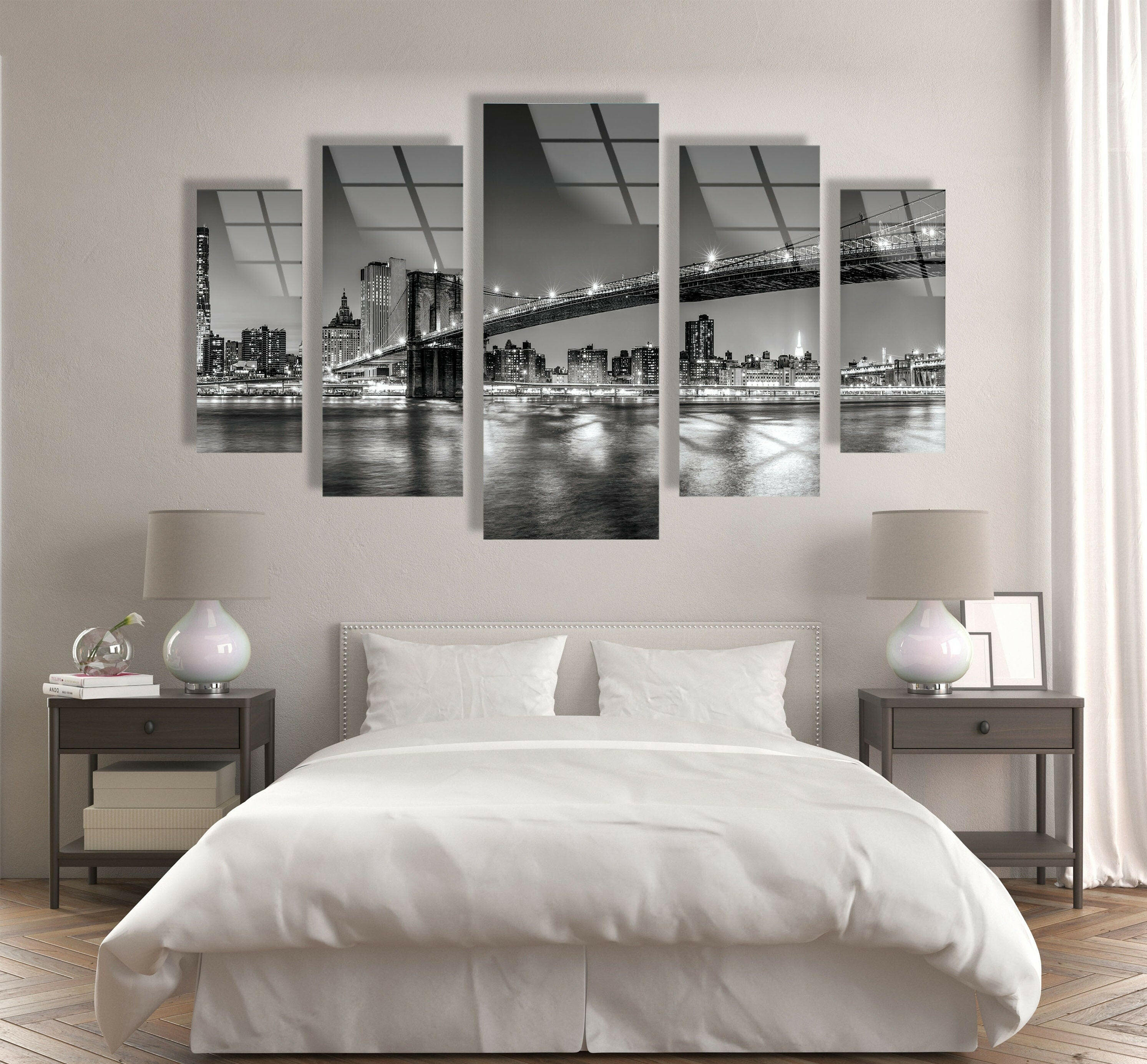 Black & White NYC Bridge Landscape Glass Wall Art - Modern Home Decor for Living Room, Office & Bedroom - Perfect Gift for Art Lovers
