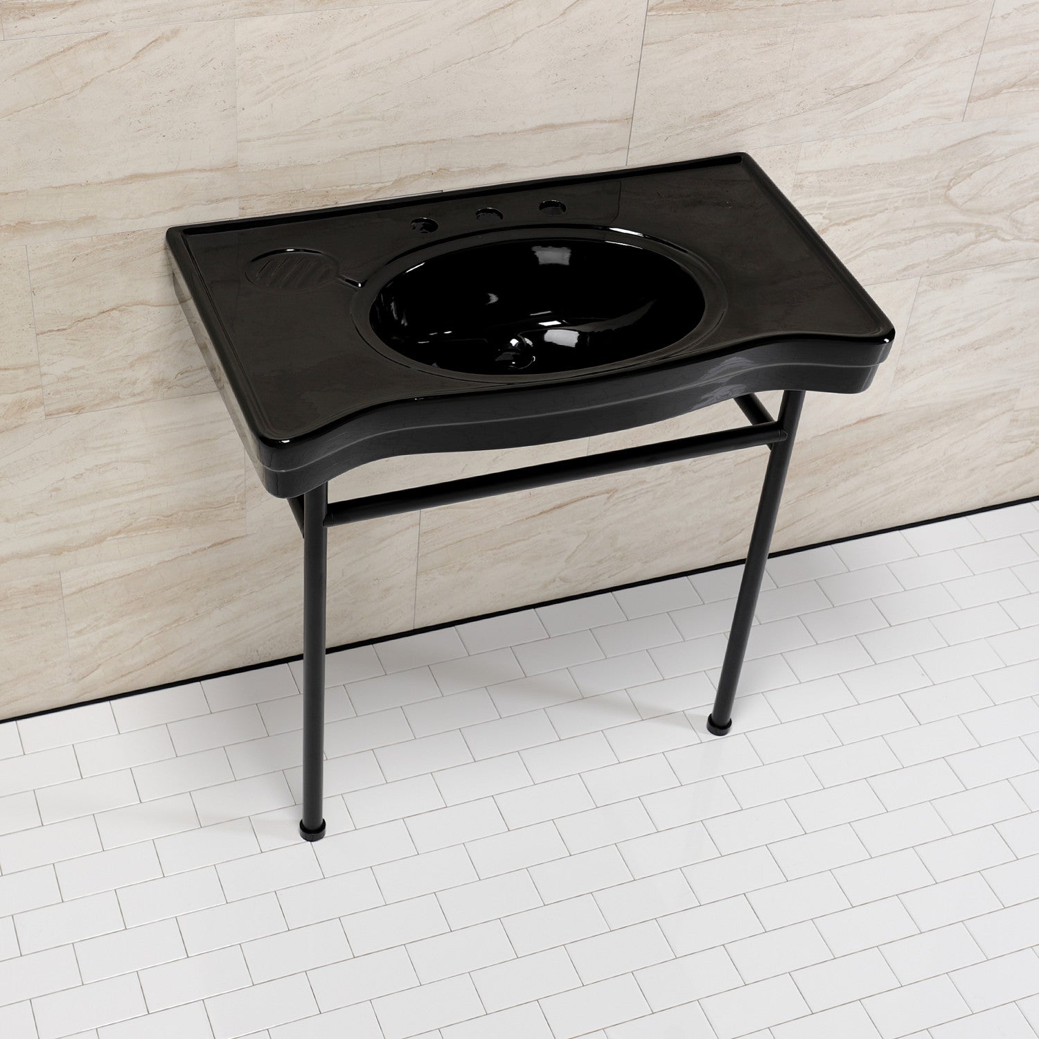 Bristol VPB28140W80K 36 Inch Black Ceramic Bathroom Sink with Stainless Steel Legs - 8 Inch 3-Hole Faucet, Matte Black Finish for Modern Vanity & Powder Room