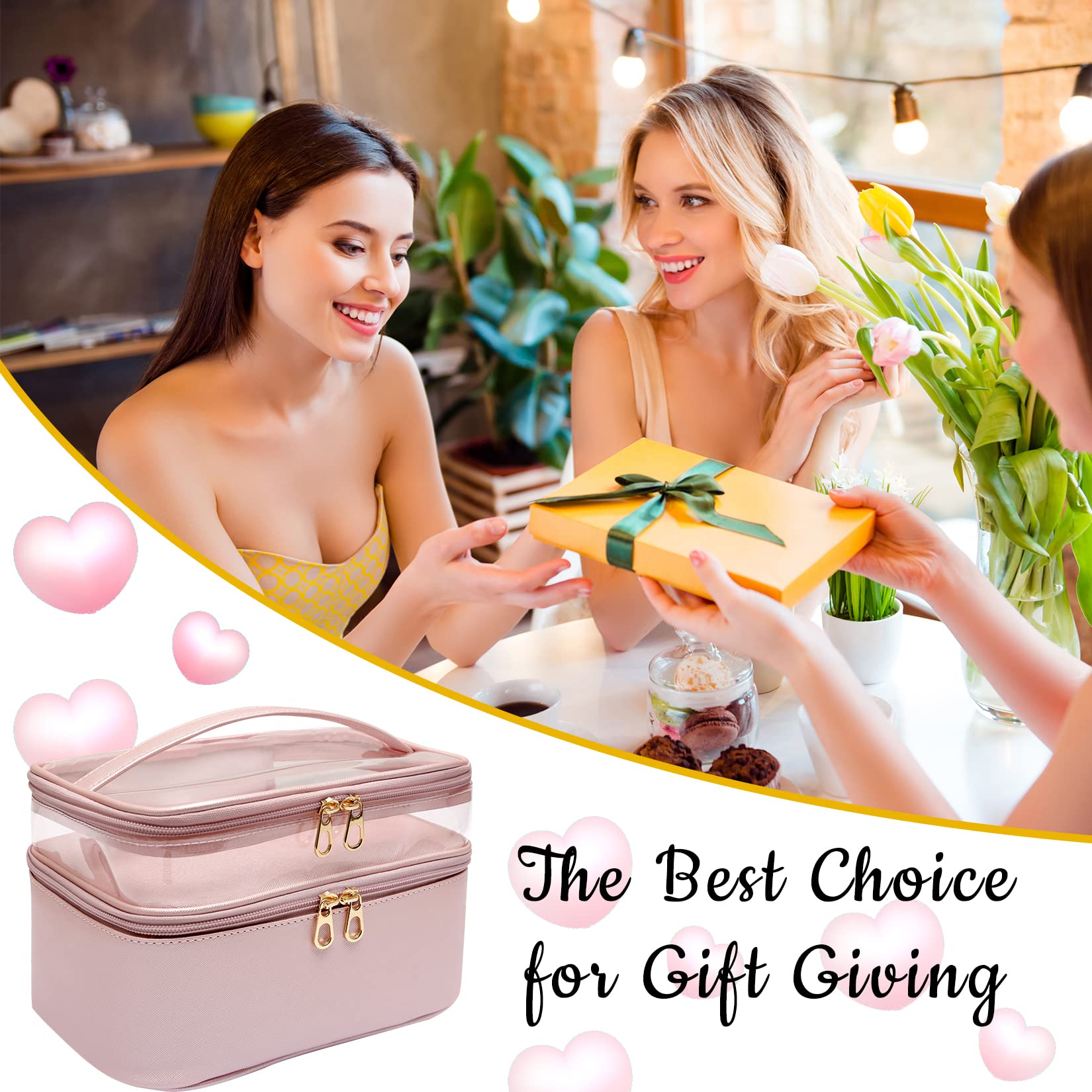 Premium Leather Makeup Bag for Women - Double Layer Large Cosmetic Organizer with Travel Essentials, Dorm Room Toiletry Bag - Perfect for Travel, Daily Use & Valentine's Day Gifts for Her/Wife
