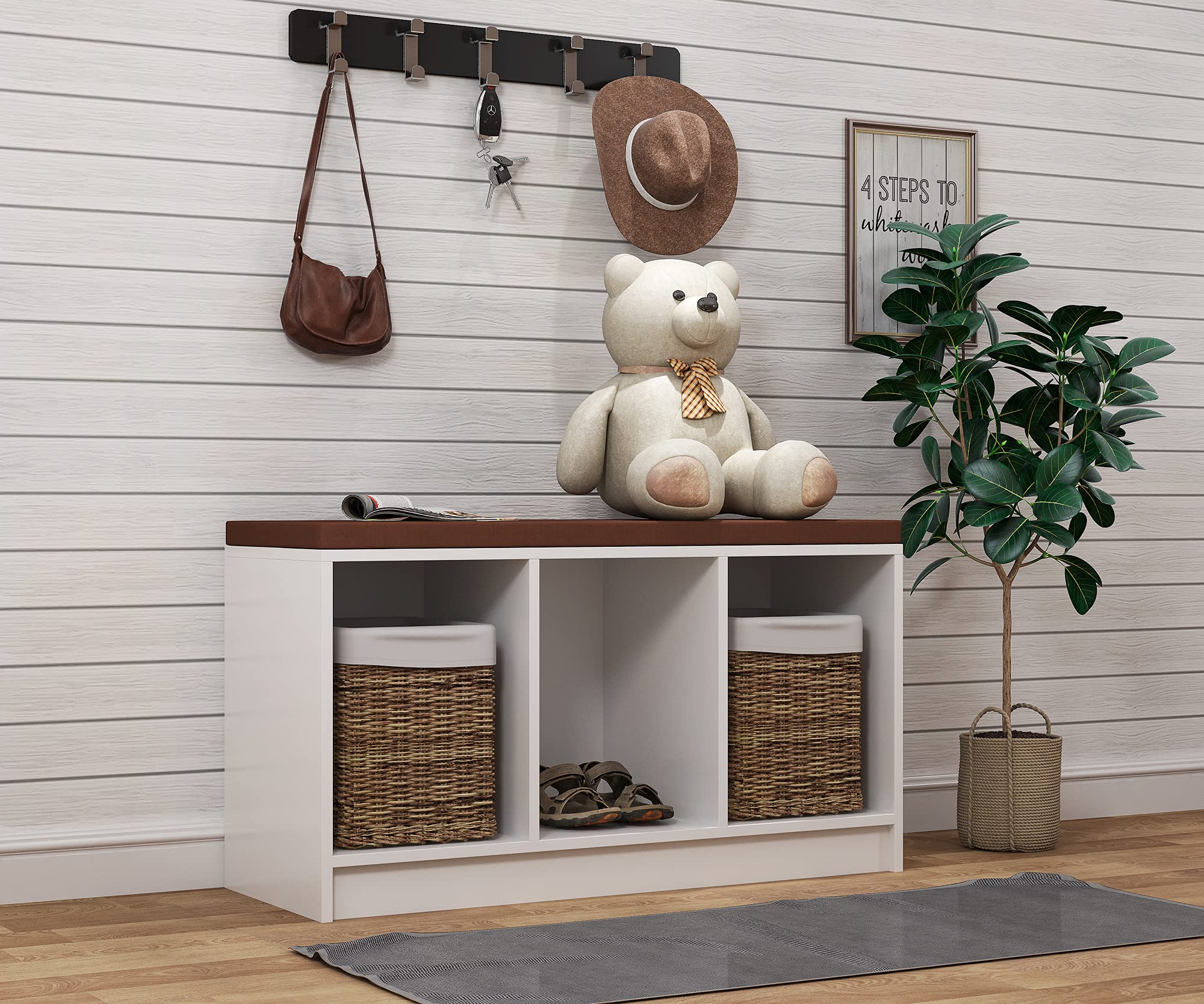 3-Cube Wooden Shoe Bench with Cushion - Entryway Storage Organizer for Shoes, Books & Toys - Perfect for Living Room, Playroom & Home Decor