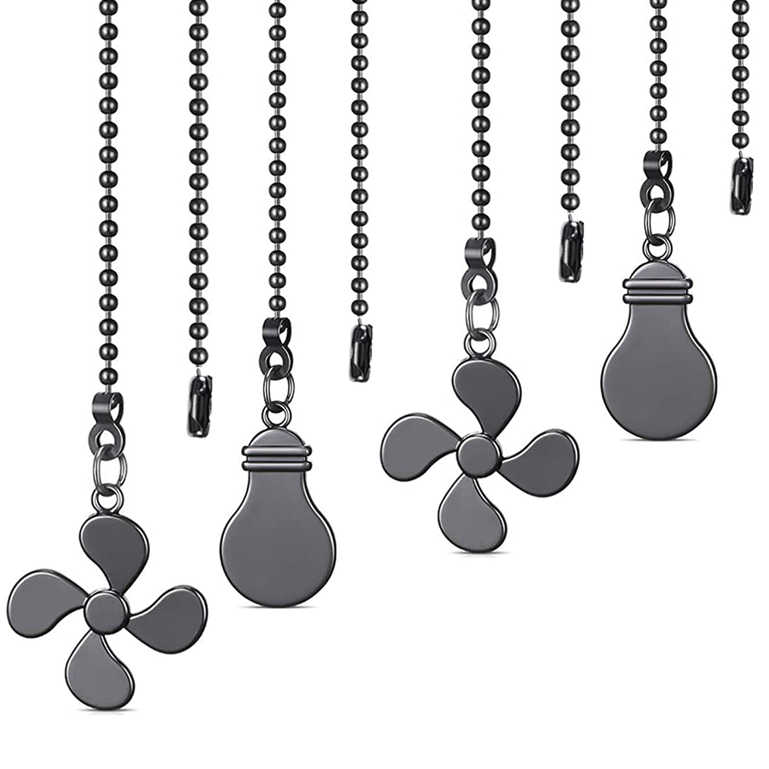 4-Piece Ceiling Fan Pull Chain Set with Bulb & Fan Pattern - 12 Inch Extension Chain & Ball Connector in Gun Metal - Perfect for Bedroom, Living Room & Office Ceiling Fans