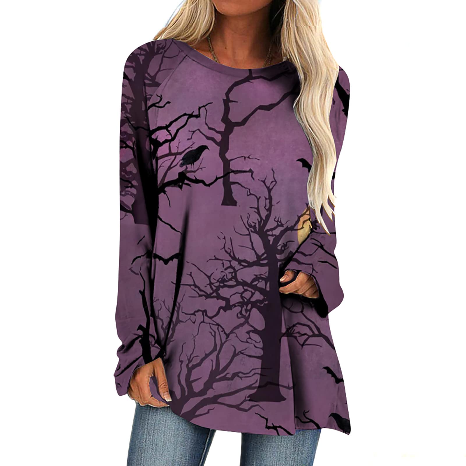 Women's Halloween Print Crewneck Long Sleeve T-Shirts - Casual Loose Fit Blouse Tops for Fall Outfits, Party Wear & Everyday Comfort