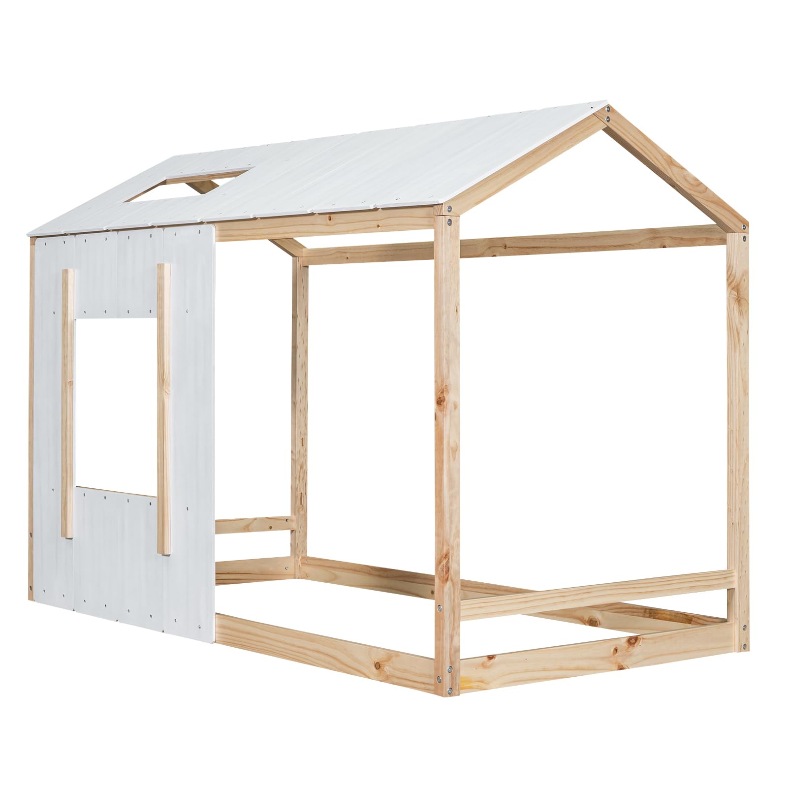 Montessori Twin Size Floor Bed Frame for Kids - Wooden House Bed with Headboard & Roof, No Slats Required - Natural Antique White - Perfect for Toddler Rooms, Daycare Centers & Montessori Classrooms