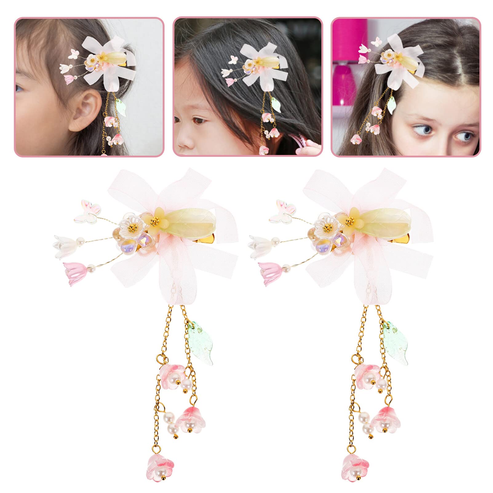 FOMIYES Pink Tassel Flower Hair Clips for Girls - 1 Pair Baby Hair Bows with Ribbon, Infant Hair Accessories for Parties, Weddings & Costumes