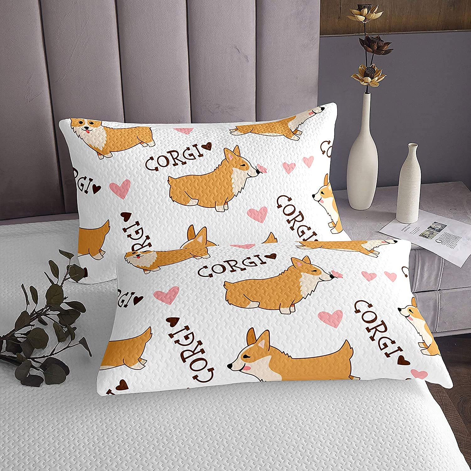 Erosebridal Corgi Dog Bedspread Set - Queen Size Cute Puppy Cartoon Bedding with 2 Pillowcases, Happy Farm Animal Love Pattern Quilted Coverlet in White - Perfect for Pet Lovers' Bedroom Decor and Cozy Farmhouse Style Homes