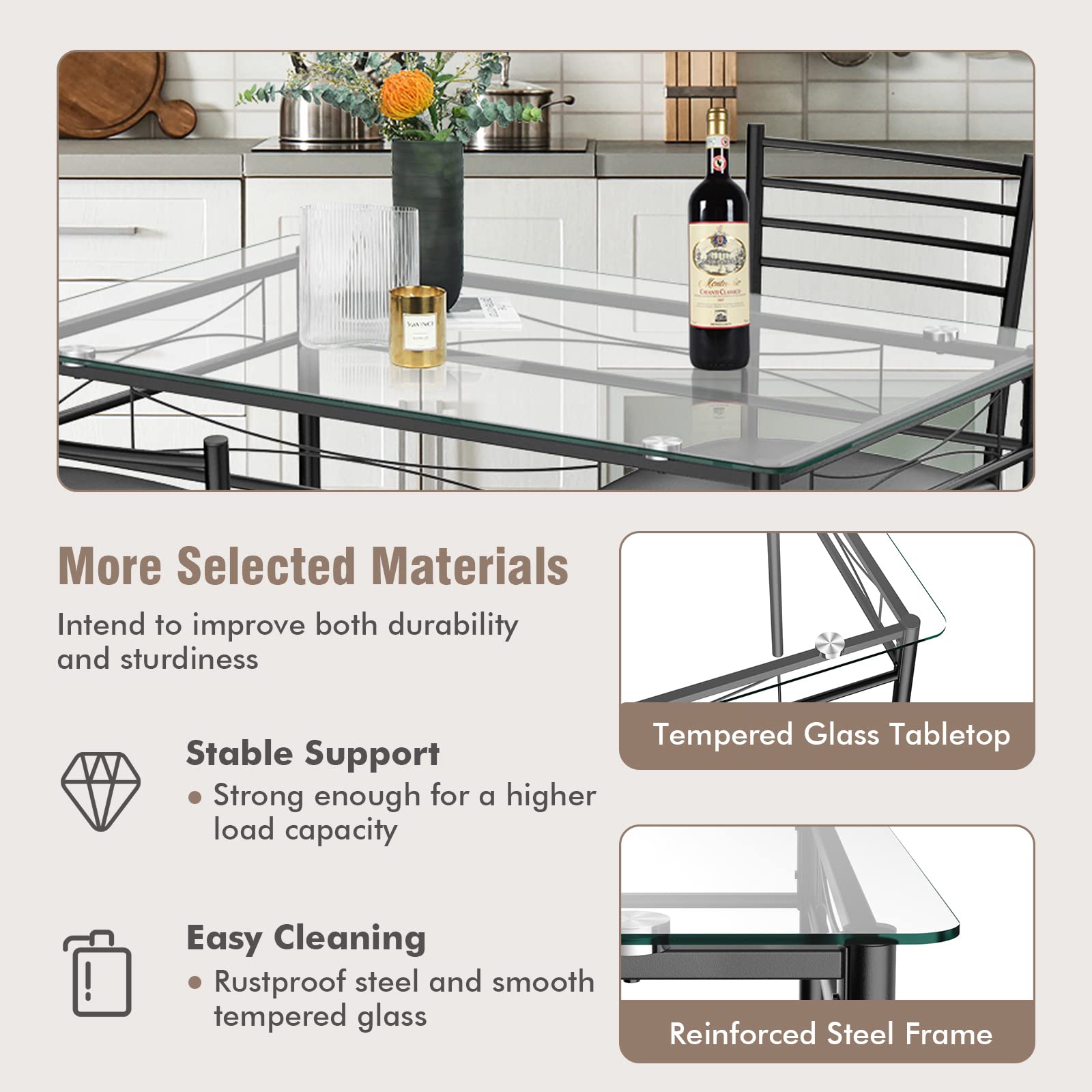 Tangkula 5-Piece Dining Table Set with Tempered Glass Top & 4 Chairs - Modern Kitchen & Dining Room Furniture in Black - Perfect for Small Spaces, Apartments & Family Meals