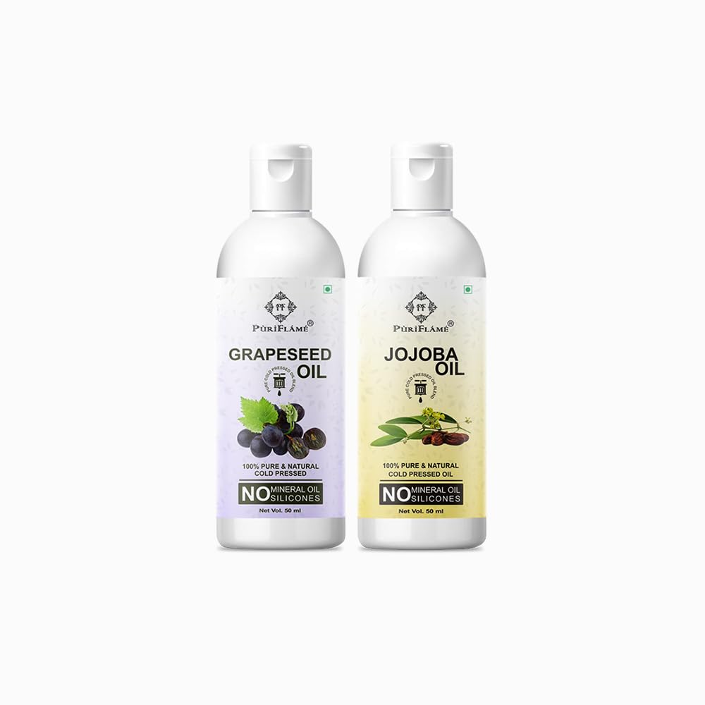 PuriFlame 100% Pure Grapeseed Oil & Jojoba Oil Combo (50ML Each) - Natural Hair Growth Treatment for Anti Hair Fall, Split Ends Repair, Soft & Shiny Hair - Perfect for Daily Hair Care & Scalp Massage (Pack of 2)