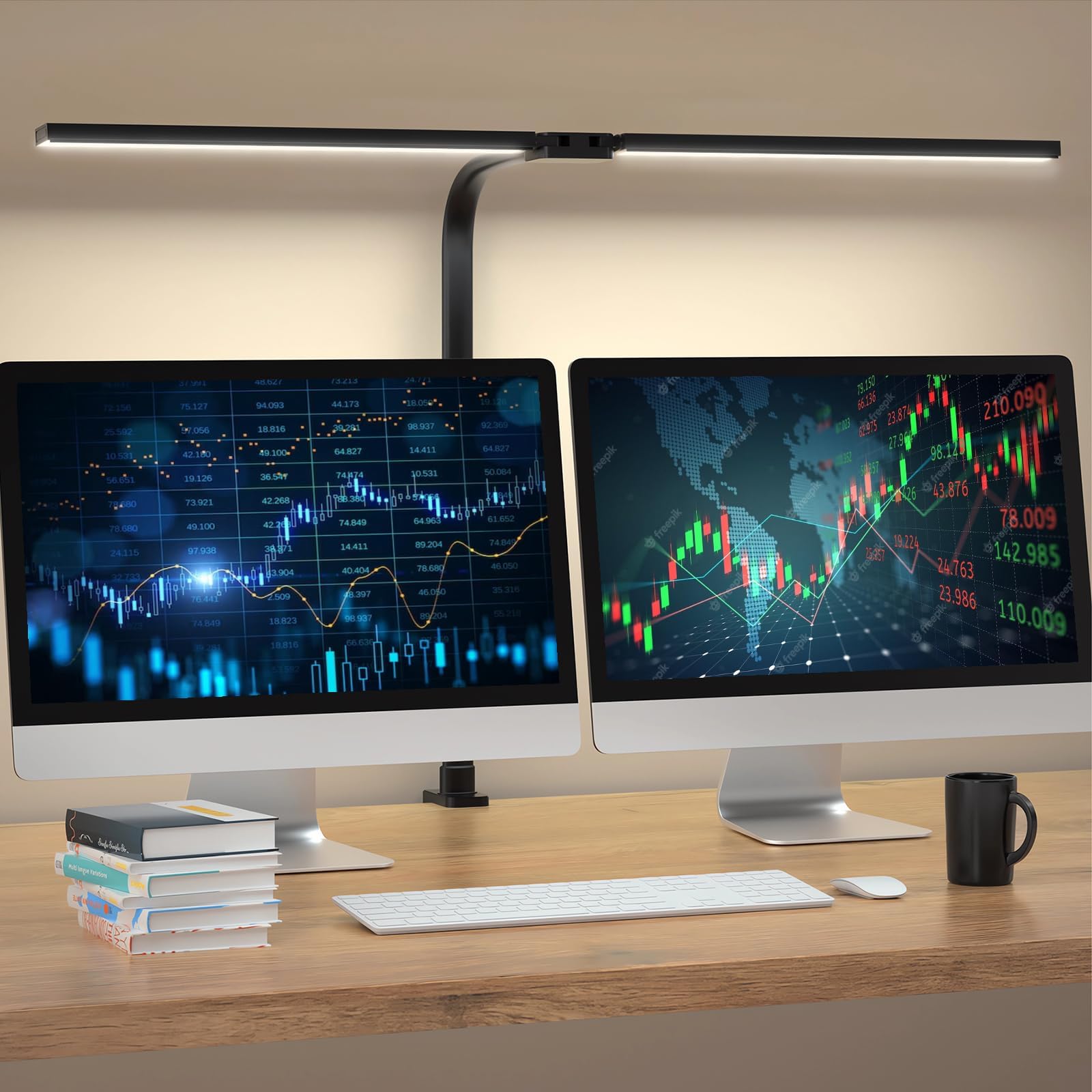 **24W Dual Head LED Desk Lamp with Clamp - 5 Lighting Modes & 11 Brightness Levels, Adjustable Gooseneck for Home Office, Study, Reading - Black**