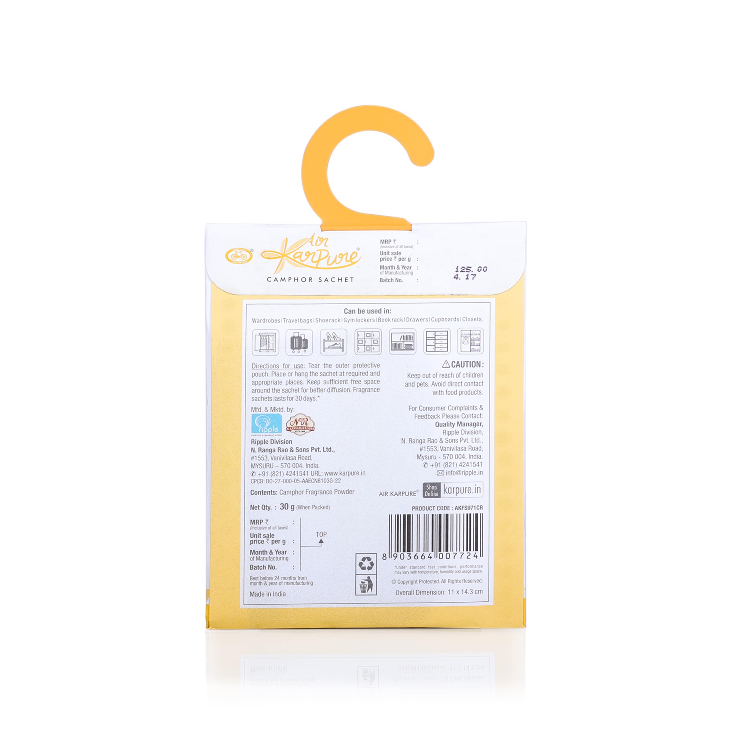 Cycle Pure Karpure Camphor Sachet - Pack of 3 | Long-Lasting Air Freshener for Bathroom, Toilet, Closet, Home & Office | Oudh, Citrus & Original Camphor Fragrance | Each Sachet Lasts 30 Days | Perfect for Odor Control in Small Spaces & Aromatherapy