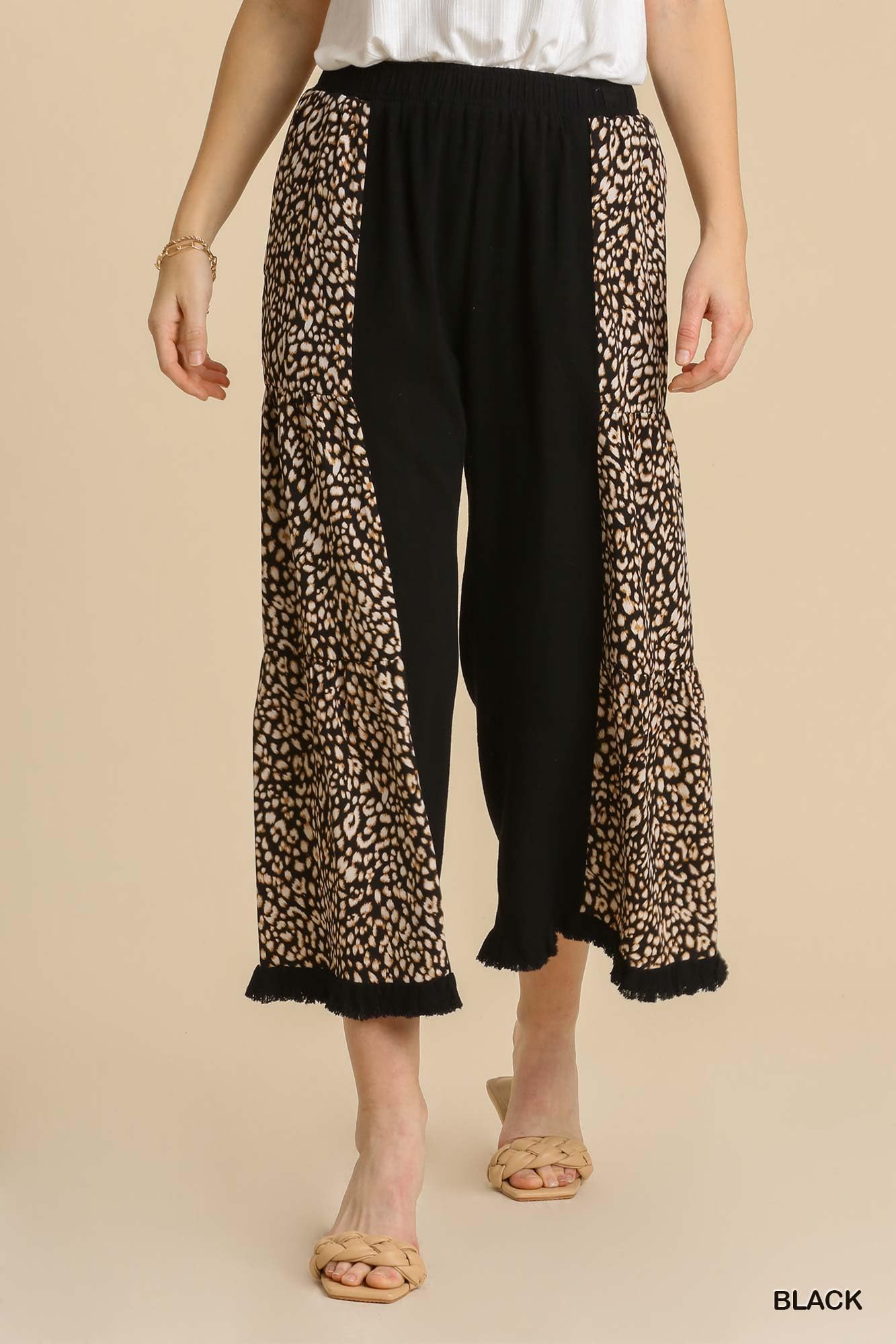 Umgee Women's Linen Blend Animal Print Wide Leg Pants - Elastic Waistband with Pockets & Fringed Hem | Boho Chic Casual Wear for Summer, Beach, and Vacation Outfits