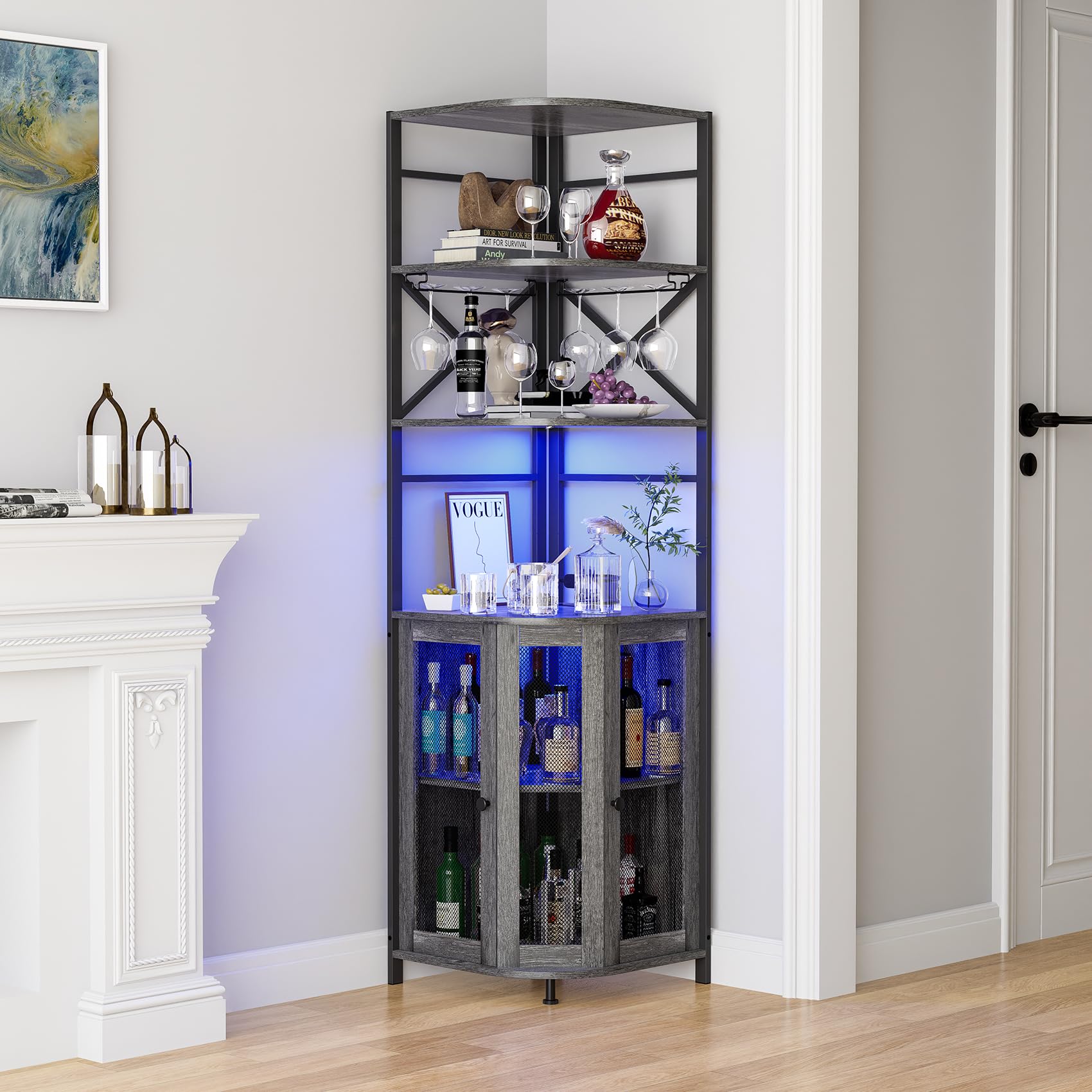 6-Tier Industrial Wine Bar Cabinet with LED Light, Power Outlet & Adjustable Shelves - Corner Liquor Storage with Glass Holder & Mesh Door - Perfect for Home Bars, Dining Rooms & Entertaining Guests