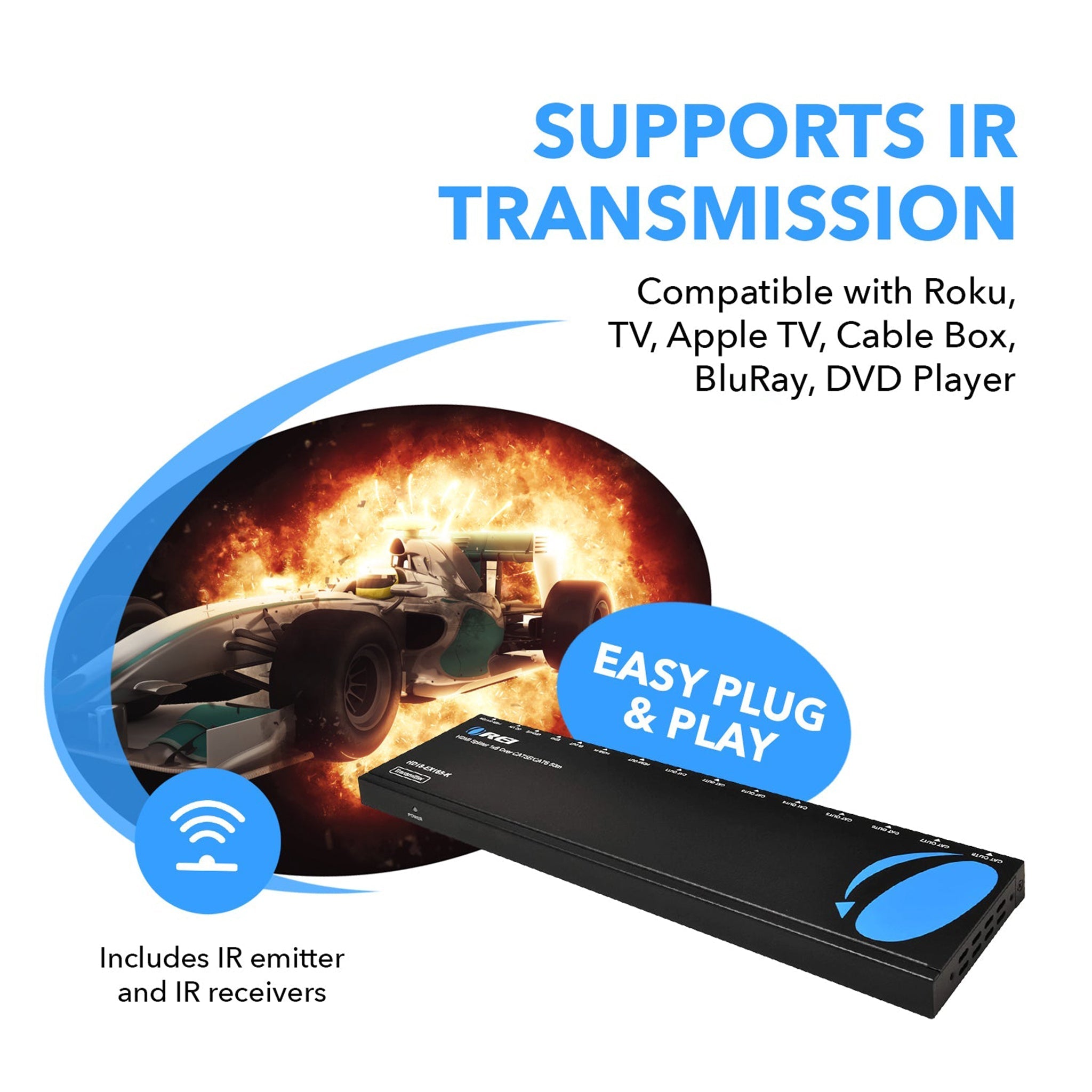 1x8 HDMI Extender Splitter Over CAT6/7 - 165ft Range with Loop Out, IR Control & EDID (HD18 EX165 K) - Perfect for Home Theater, Conference Rooms & Multi-Display Setups