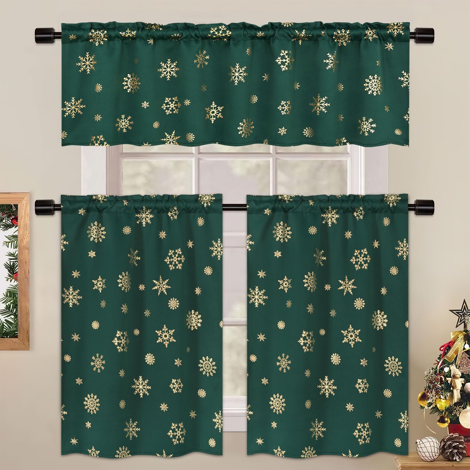 FRAMICS Gold Snowflake Foil Print Christmas Tier Curtains - 36 Inch Length Green Kitchen Curtains with Rod Pocket, 26