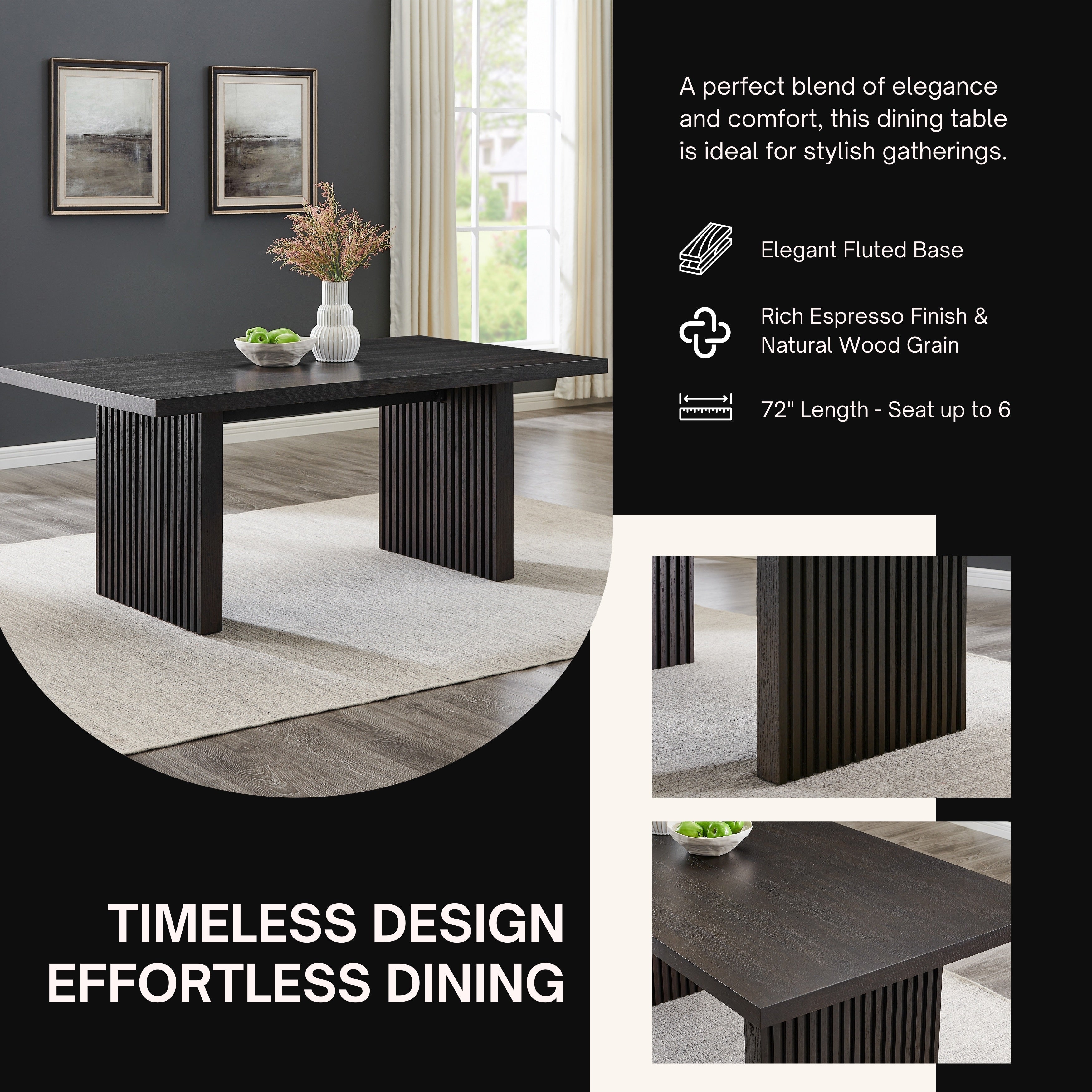 Roundhill Furniture Madison Modern Dining Table with Slat Fluted Base in Espresso - Perfect for Contemporary Dining Rooms & Small Space Apartments
