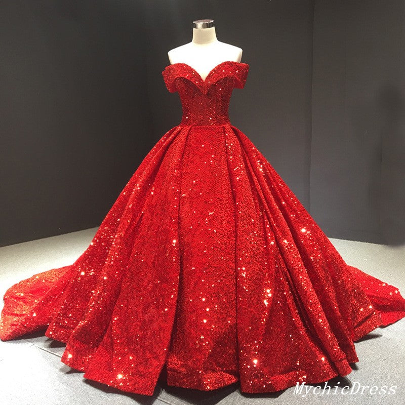 Sparkly Red Ball Gown Wedding Dress 2025 - Sequin Off-the-Shoulder Quinceañera Dress for Prom, Bridal Party & Special Occasions