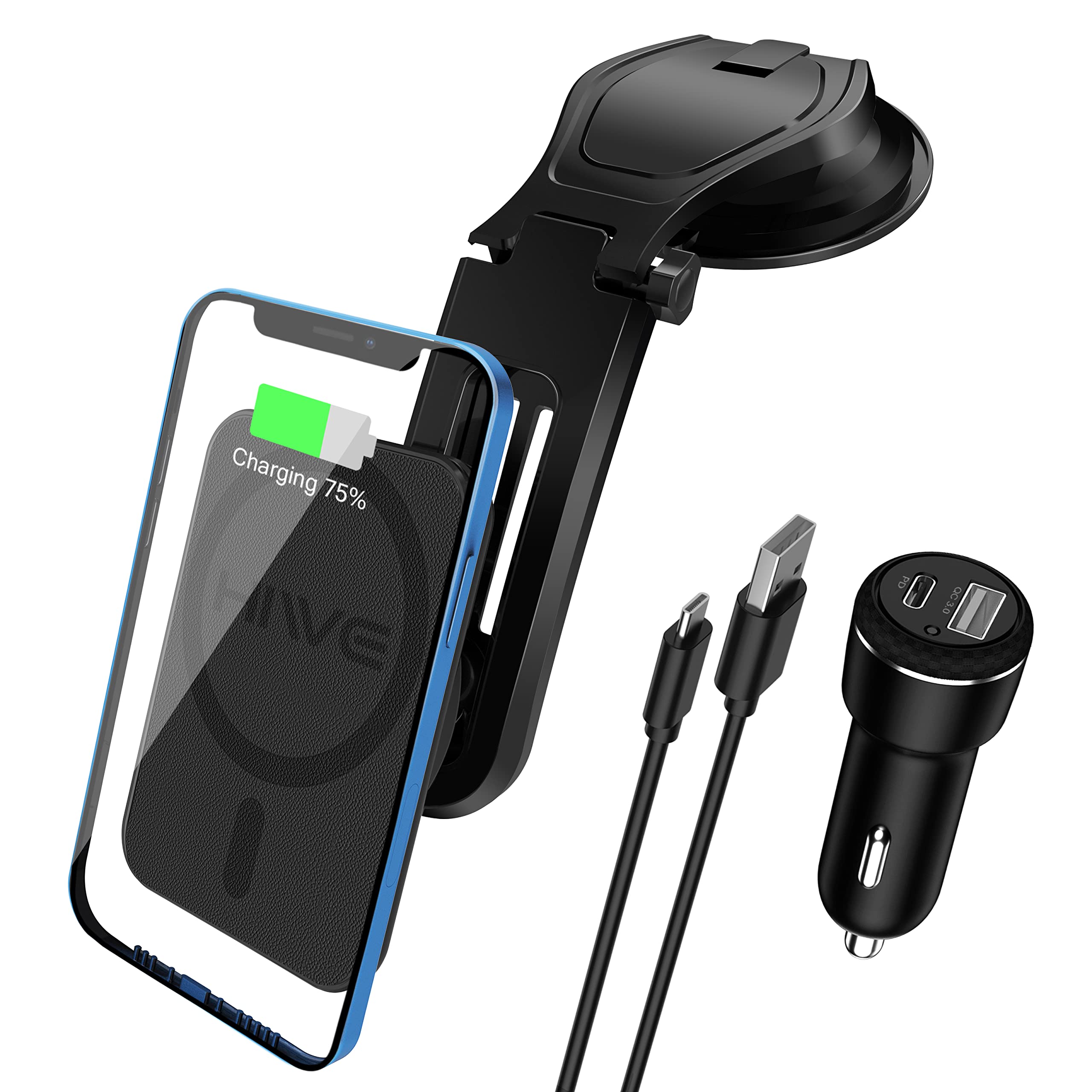 25W Mag-Safe Car Charger Mount - Magnetic Wireless Charger Compatible with iPhone 14/13/12 Series | Windshield & Dashboard Phone Holder | Perfect for Commuting, Road Trips & Hands-Free Charging