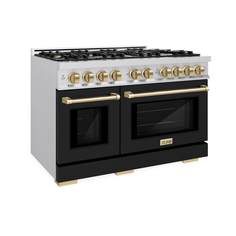 ZLINE Autograph Edition 48-Inch 6.7 cu. ft. Professional Double Oven Gas Range with 8 Burner Cooktop - Stainless Steel with Black Matte Doors & Champagne Bronze Accents (HGRZ BLM 48 CB) - Perfect for Gourmet Kitchens & Home Chefs