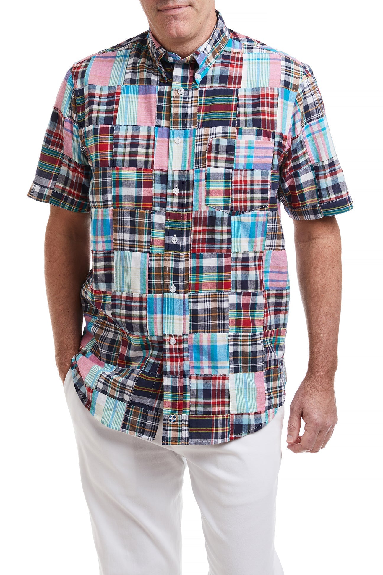 Chase Short Sleeve Shirt with Weston Patch Madras Print - Casual Summer Button Down Shirt for Men | Perfect for Beach Vacations, Outdoor Parties & Weekend Wear