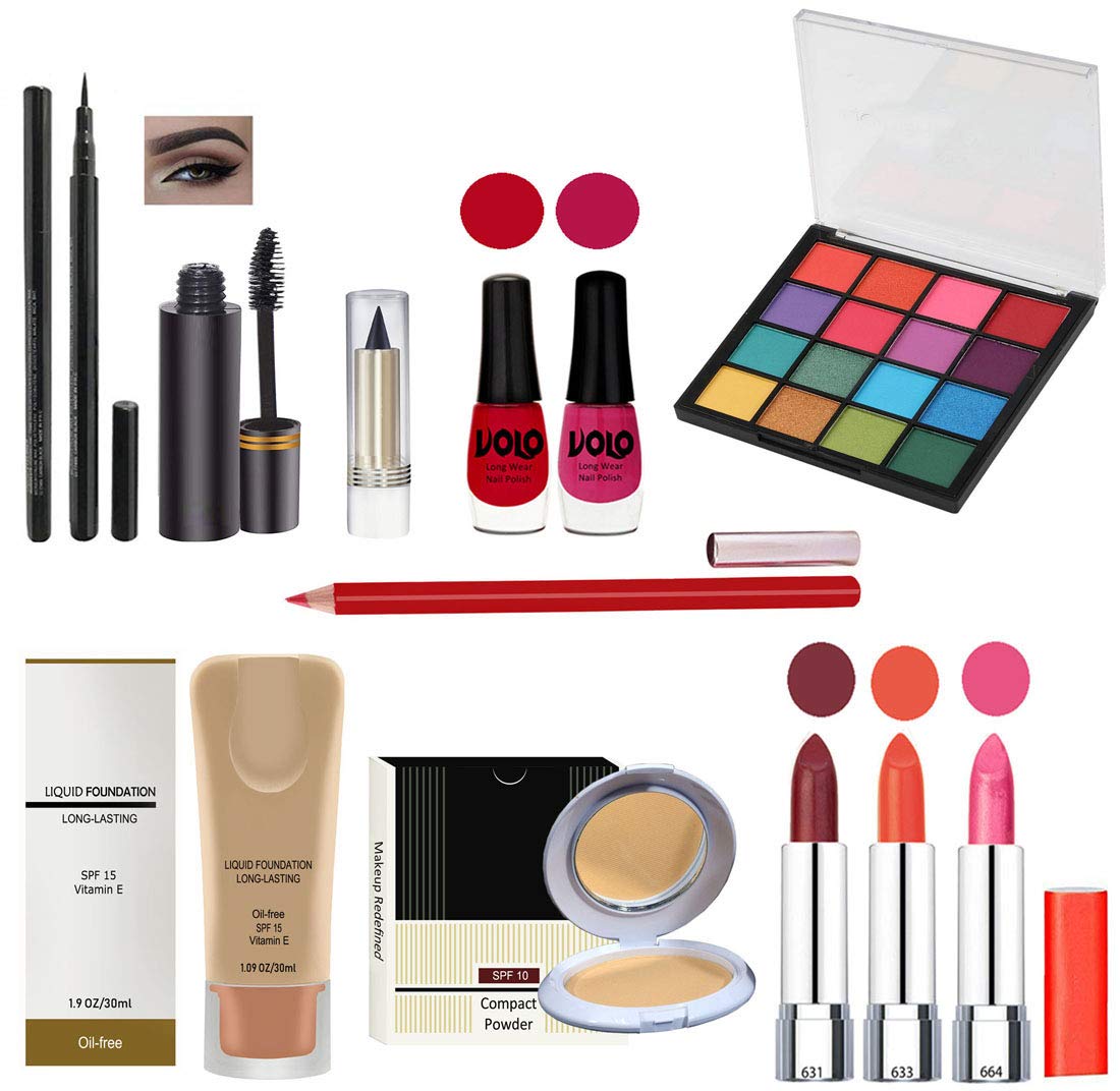 G4U Complete Makeup Kit for Women - 12 Piece Set with 3 Lipsticks, Eyeliner, Mascara, Kajal, 2 Nail Polishes, 16 Color Eyeshadow Palette, Foundation & Compact Powder | Perfect for Everyday Makeup, Parties, Bridal Looks & Professional Makeup Artists