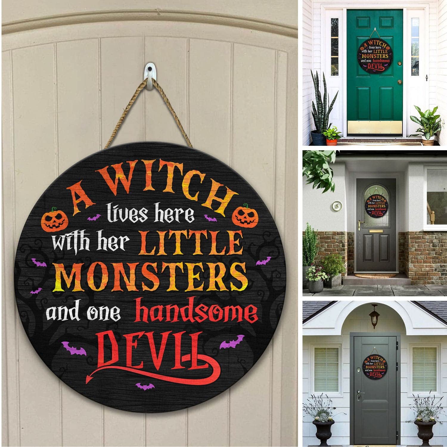 Halloween Wooden Door Sign - 'A Witch Lives Here with Her Little Monsters and One Handsome Devil' - 12 Inch Front Door Hanger for Spooky Home Decor, Perfect for Halloween Party & Haunted House Entryway