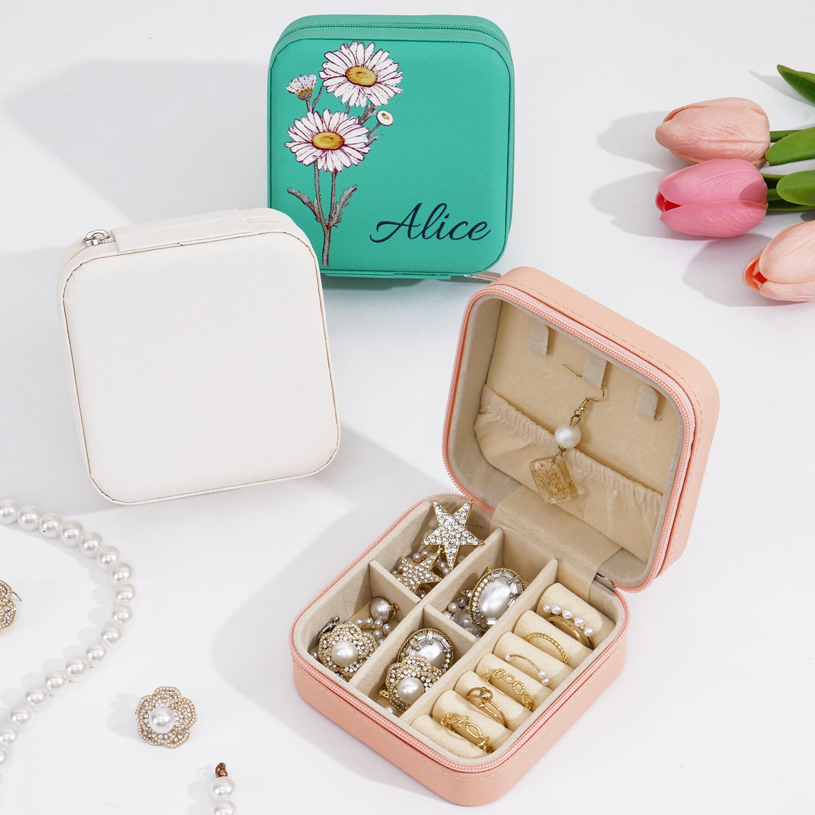 Personalized Jewelry Box for Women - Custom Engraved Name & Birthday Flower Jewelry Organizer Gift for Mom, Wife, Daughter | Perfect for Birthday, Anniversary, Mother's Day (White)