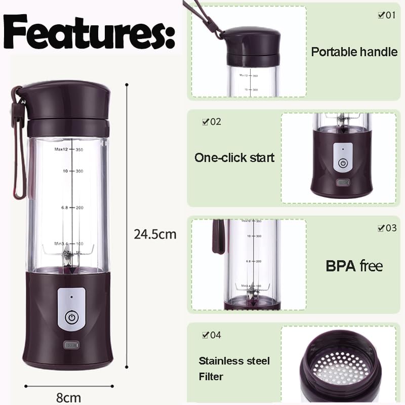 Portable Cordless Personal Blender - USB-C Rechargeable BPA-Free Leakproof Blender for Smoothies, Shakes, Ice Blending & Food Prep | Perfect for Gym, Travel, Office & Home Use (Black)