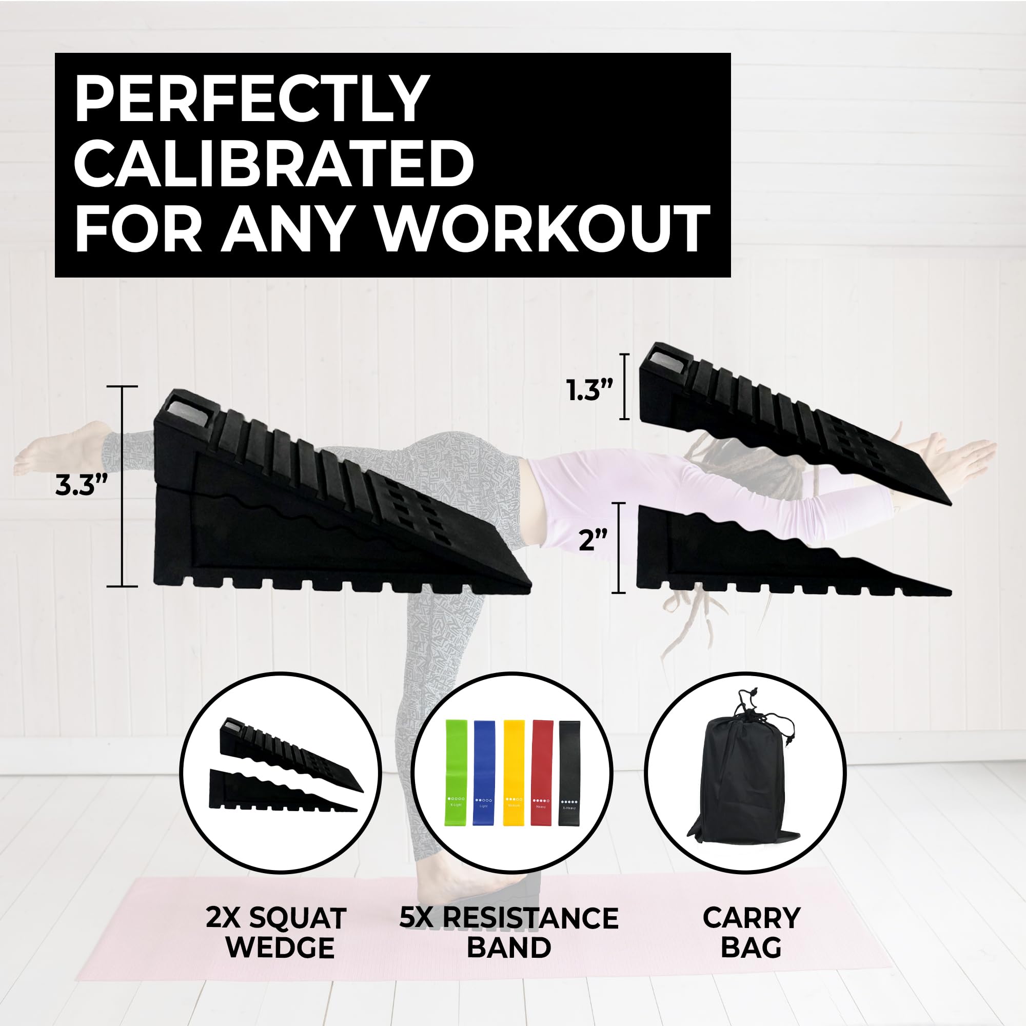 2-Pack Squat Wedge Blocks with 5 Resistance Bands - Heel Elevated Workout Wedges for Weightlifting, Yoga & Calf Stretching | Slant Board for Squat Exercises | Perfect for Home Gym, CrossFit & Physical Therapy