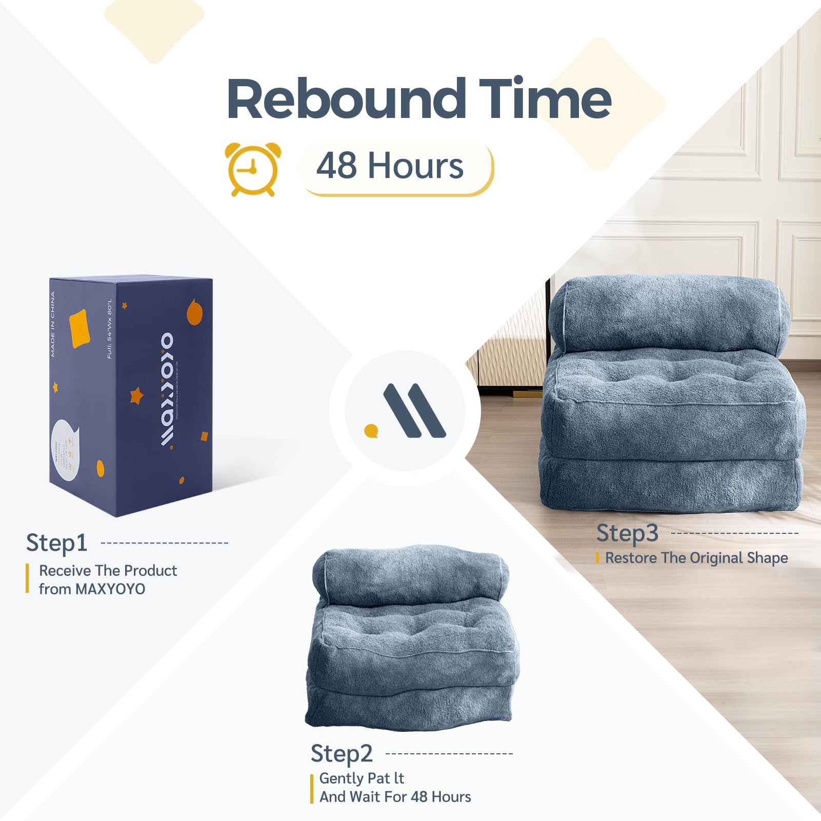 MAXYOYO Folding Sofa Bed - Convertible Boucle Sleeper Chair with Bolster Pillow | Multi-Functional Floor Sofa Lounge for Living Room, Bedroom & Small Spaces | Dusty Blue | Perfect for Guest Sleeping, Relaxing & Space Saving