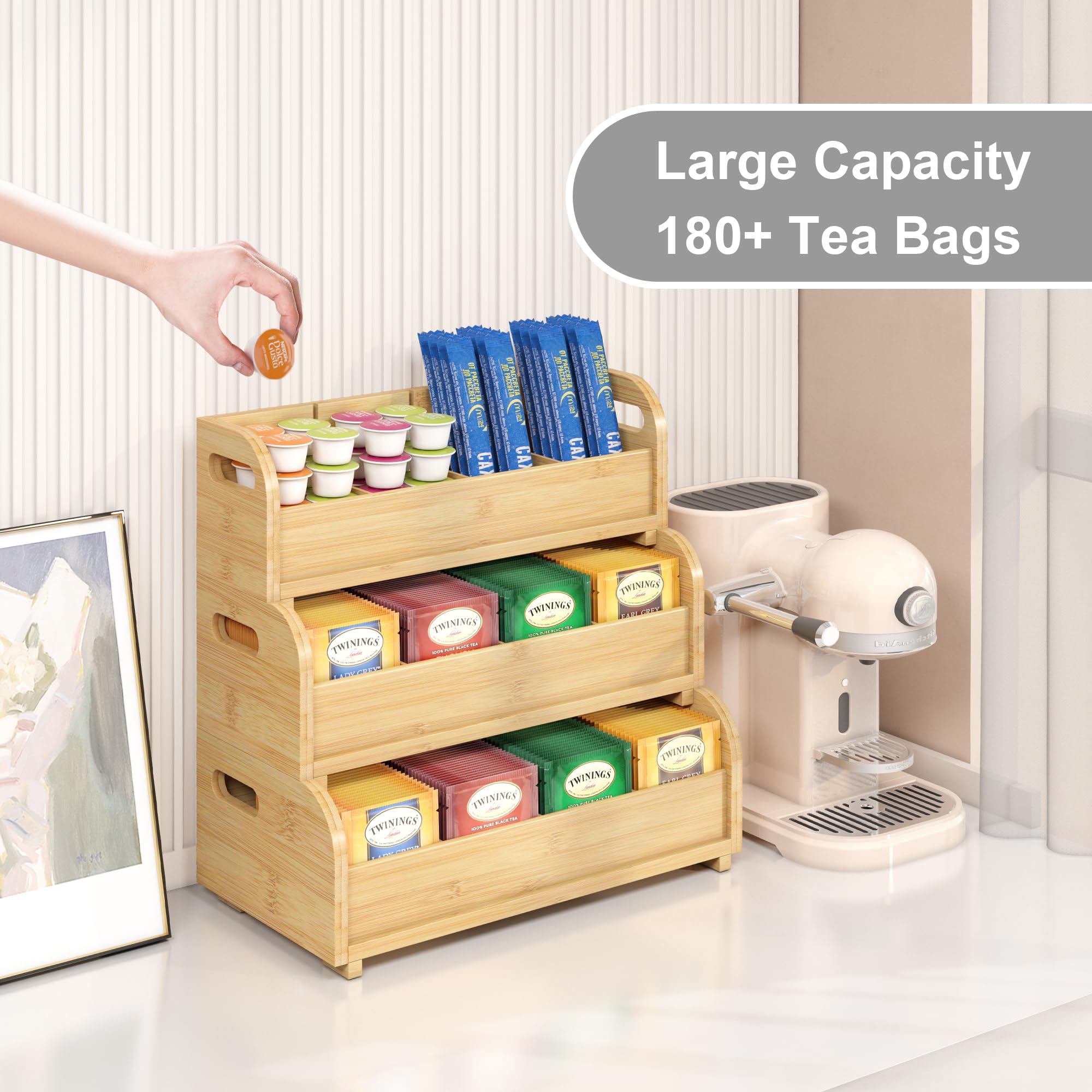 3-Tier Stackable Bamboo Tea Bag Organizer - Large Capacity Wall Mount Tea Storage Box for Tea Bags | Perfect for Kitchen, Office & Tea Lover's Home Decor (Natural Finish)