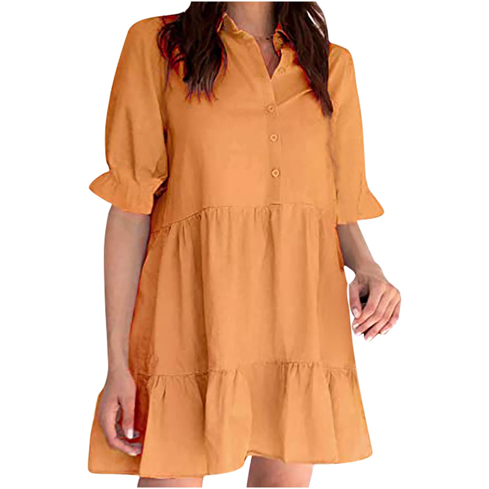 LIUguoo Women's Cute V-Neck Bell Sleeve Ruffle Hem Tunic Dress - Flowy Swing Mini Dress for Summer, Casual Outfits & Beach Wear