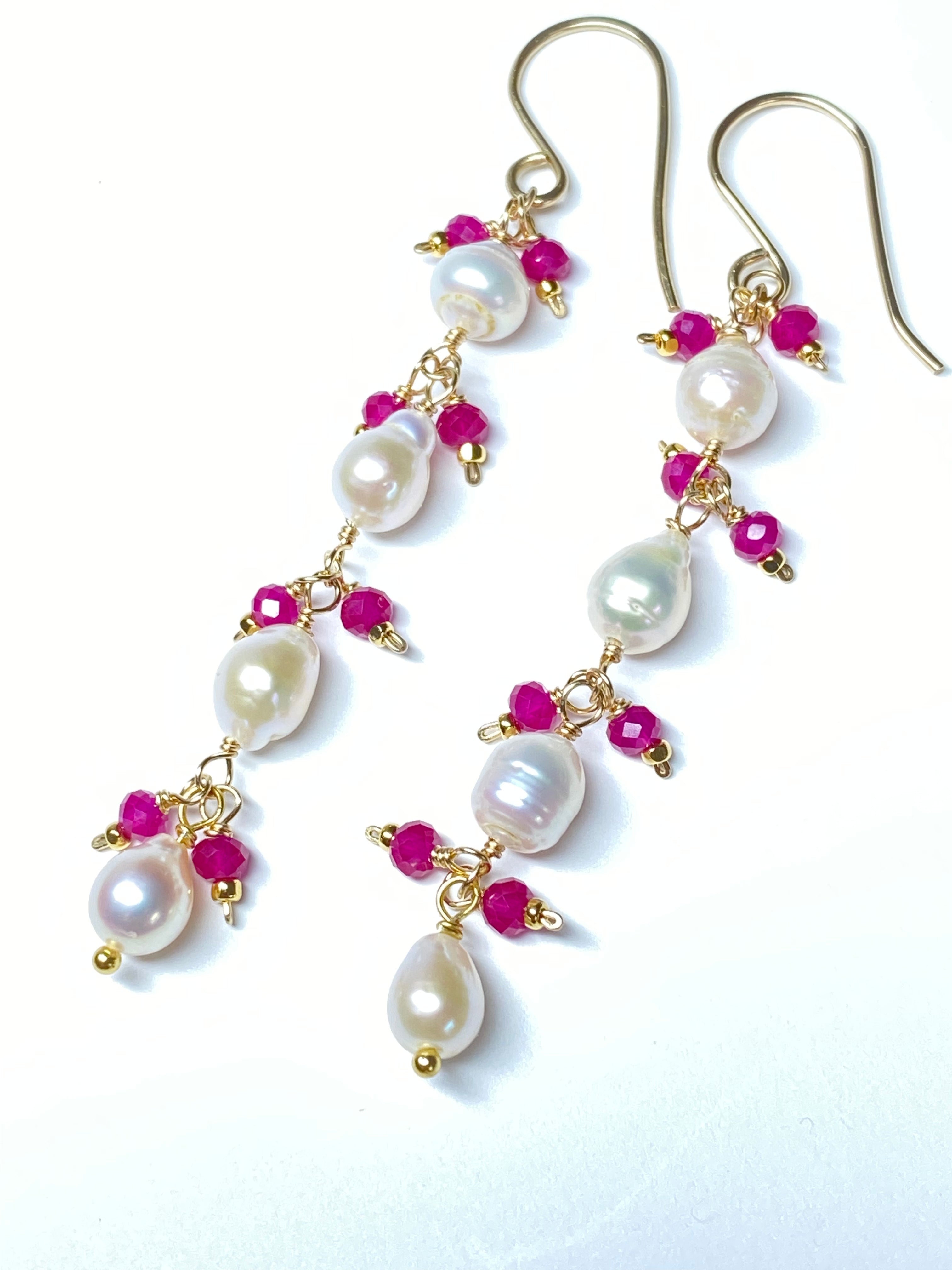 14K Gold Filled Ruby and Pearl Dainty Drop Earrings for Women - Elegant Gift for Brides, Valentine's Day & Special Occasions