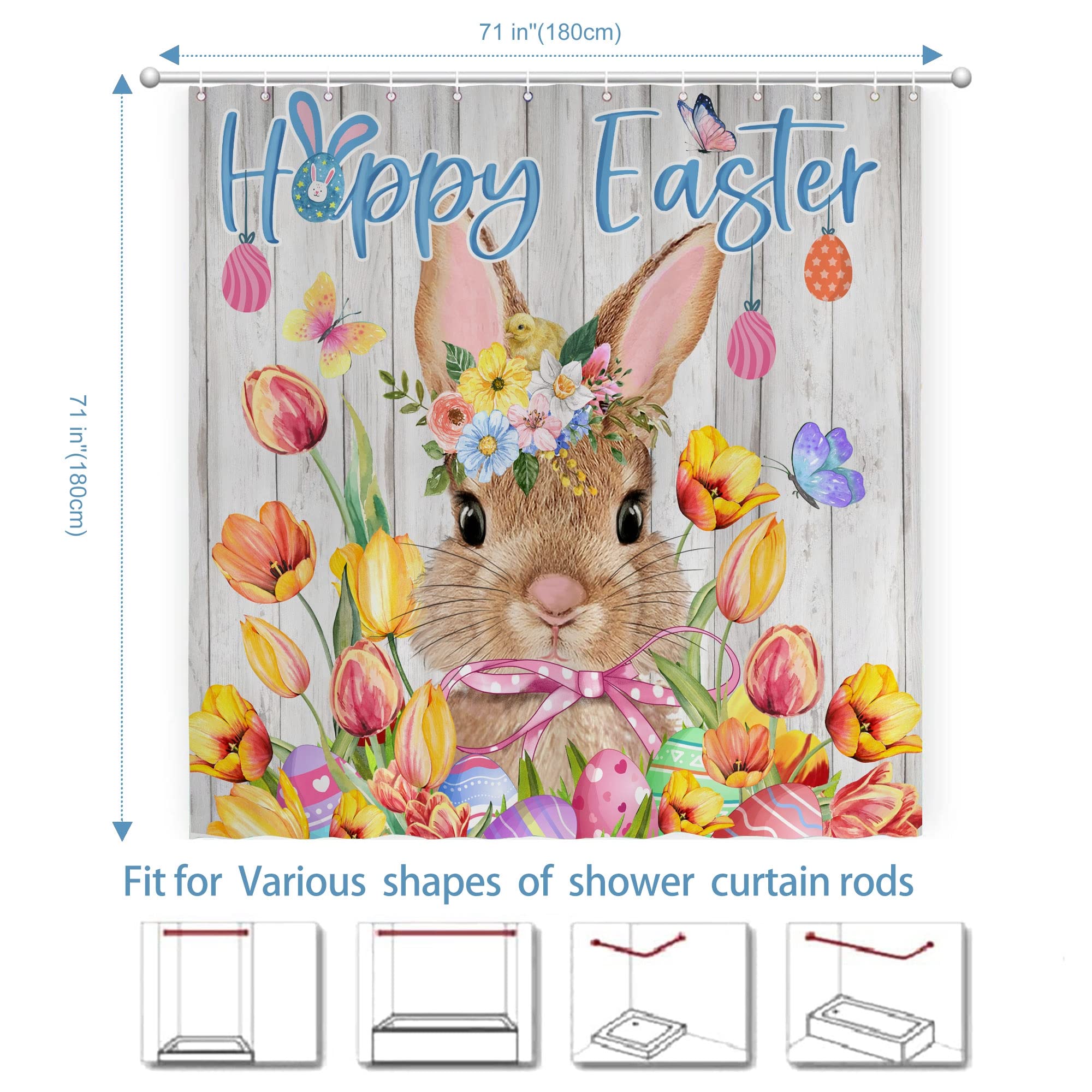 Easter Shower Curtain - Waterproof Bunny & Eggs Design Bathroom Decor - 71x71 Inch Spring Holiday Fabric Shower Curtain with Hooks - Perfect for Easter Home Decor & Seasonal Bathroom Upgrades