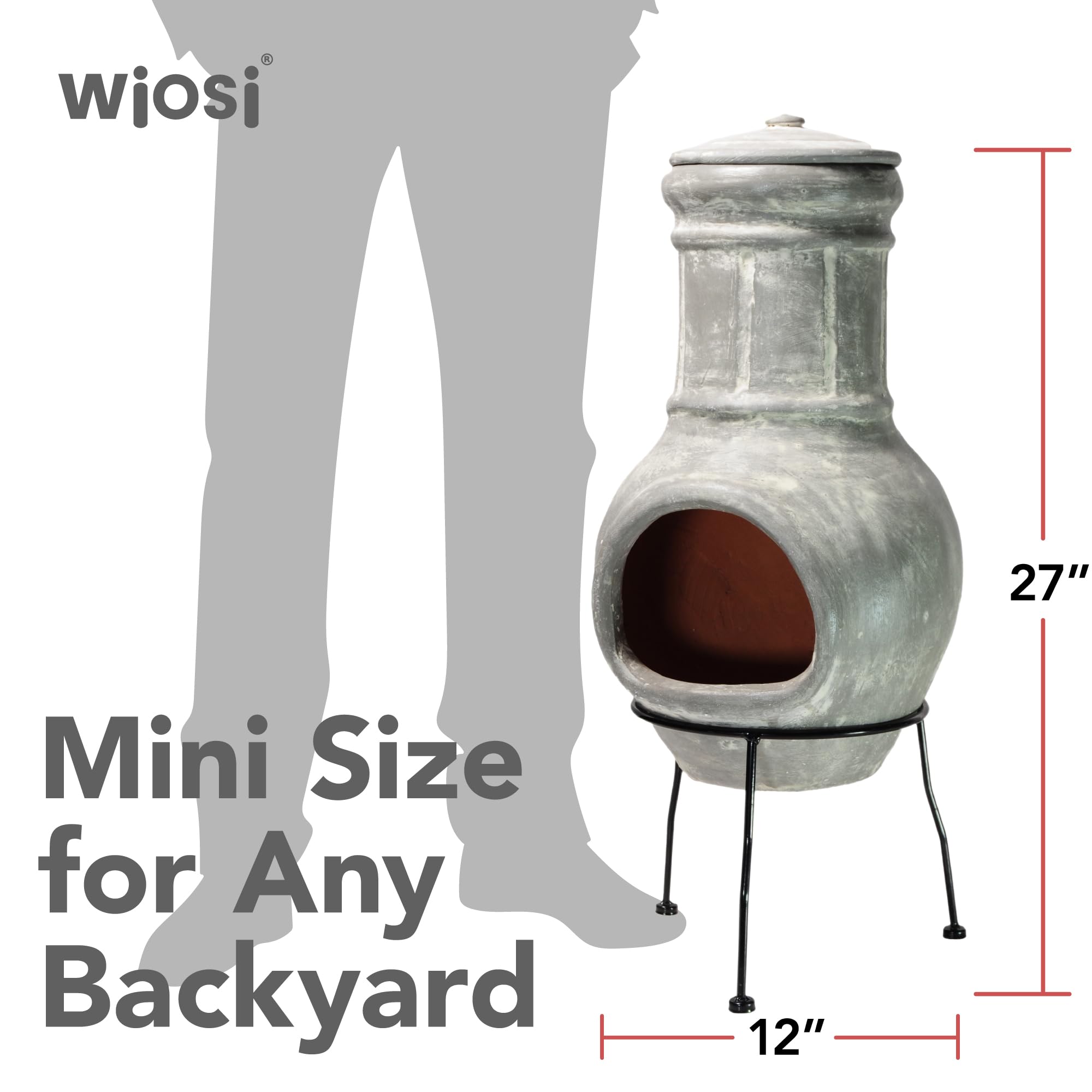 Small Clay Chiminea Outdoor Fireplace - 12x12x27 Inch Rustic Terracotta Chimenea with Chimney Rain Lid & Metal Stand - Perfect for Patio, Garden, Backyard Fire Pit & Camping