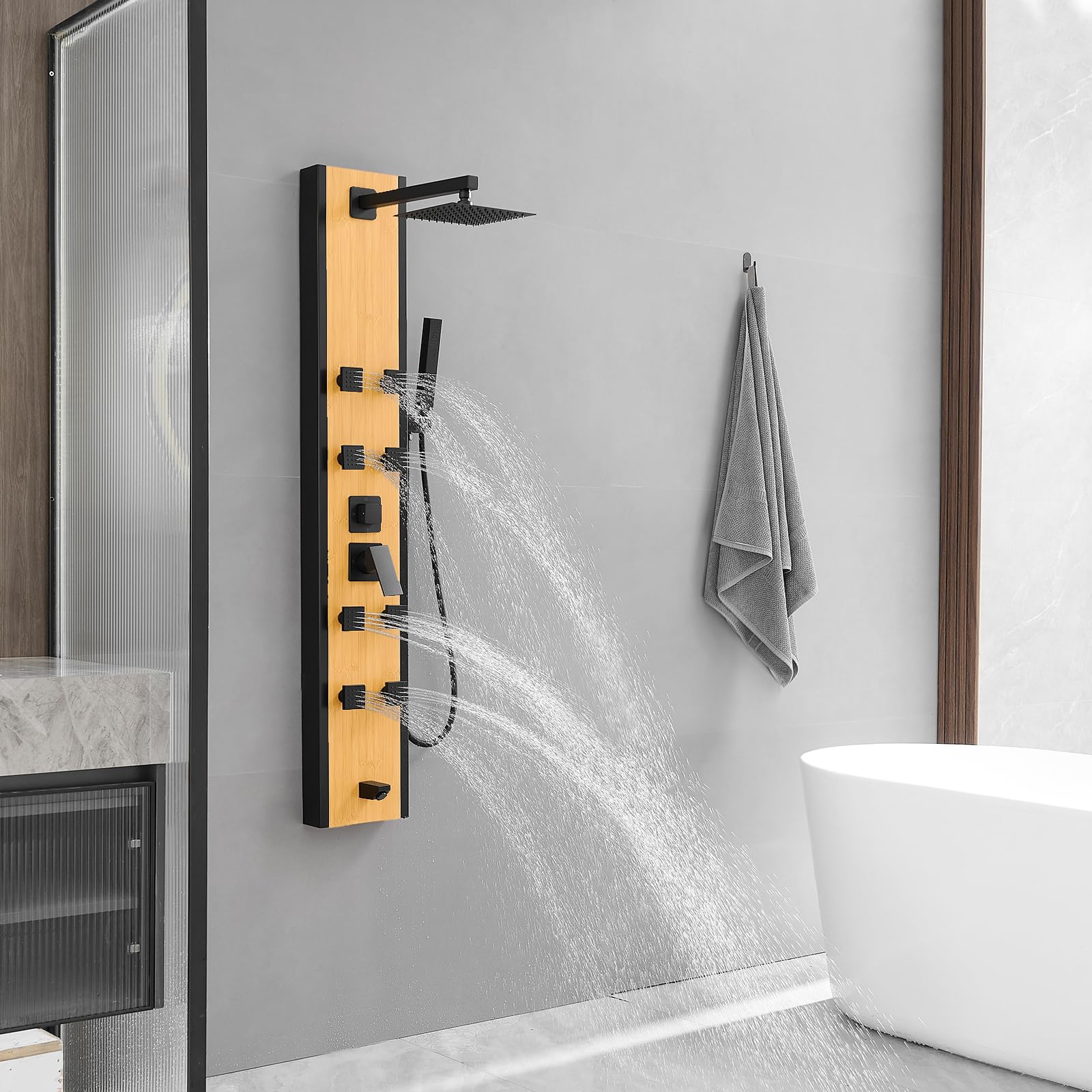 Premium BWE Stainless Steel 8-Jet Shower Panel System - Multi-Function Wall Mount Shower Column with Handheld Wand, Black & Bamboo Design for Luxurious Spa-Like Bathroom Experience