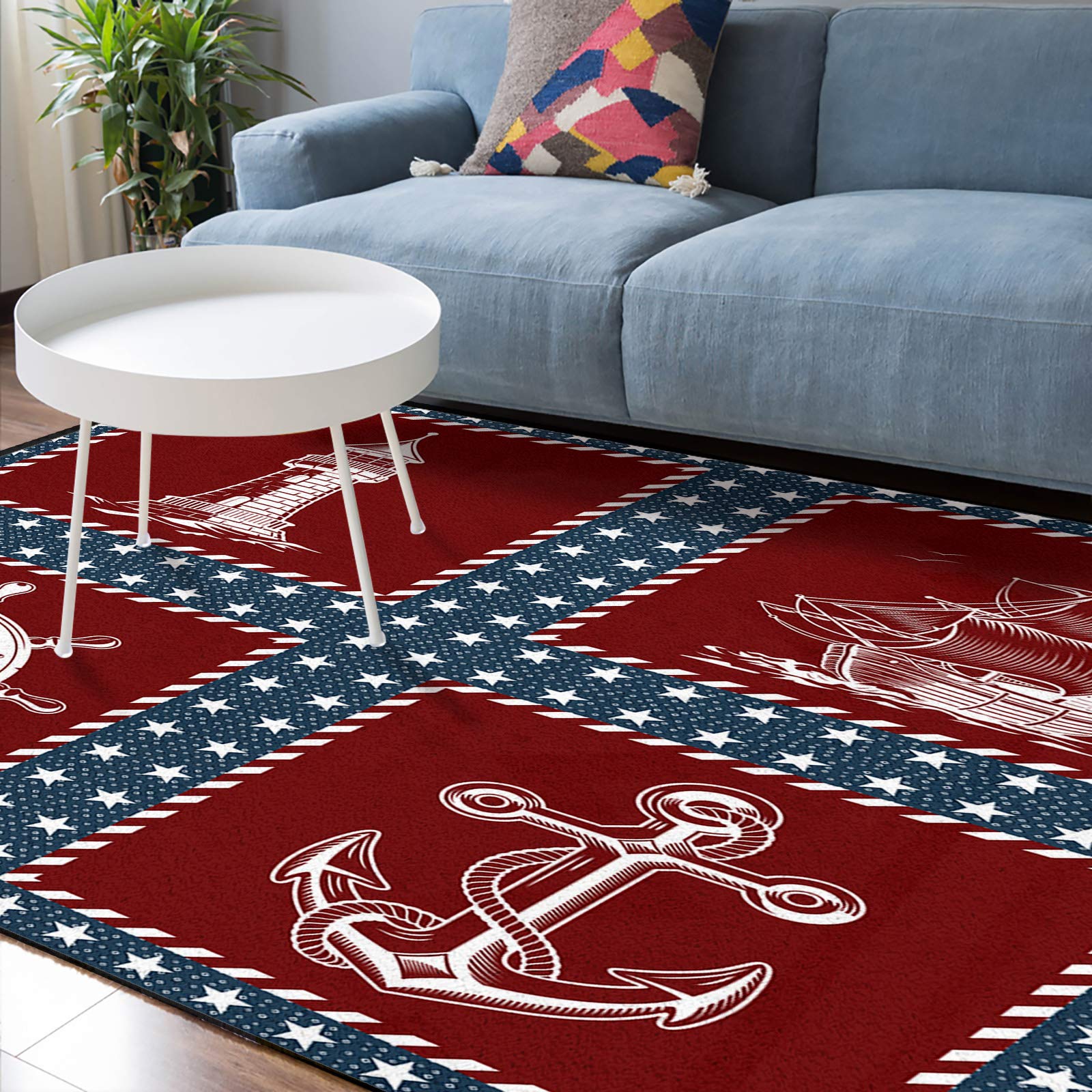 3' x 5' Modern Large Area Rugs for Nursery, Living Room & Bedroom - Indoor/Outdoor Throw Carpet with Nautical Anchor Lighthouse Sailboat Design - Perfect for American Independence Day Decor & Kids Play Area