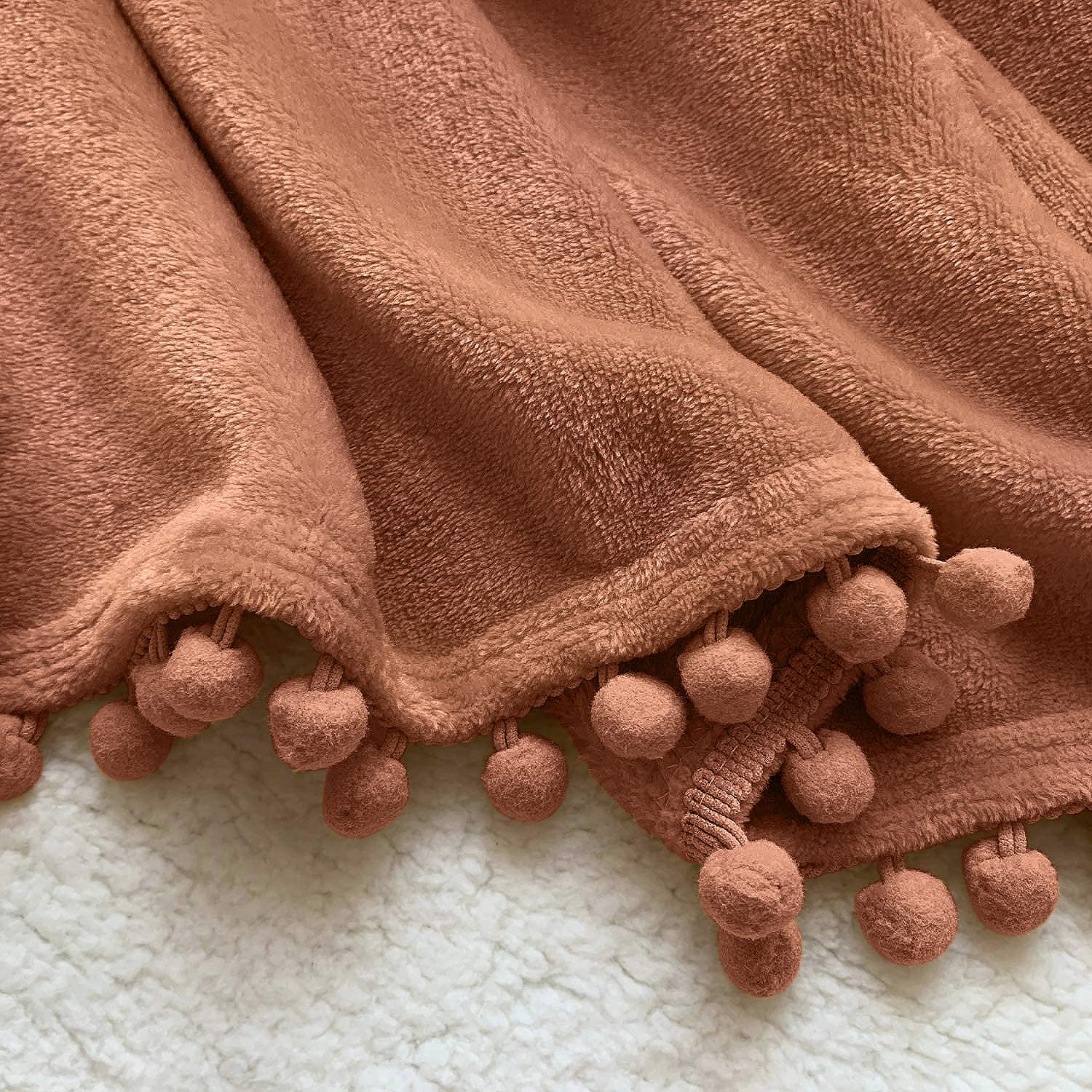 LOMAO Soft Flannel Blanket with Pompom Fringe - Lightweight Cozy Throw Blanket for Bed, Couch & Sofa - All Season Warm Fleece Blanket (Caramel, 60