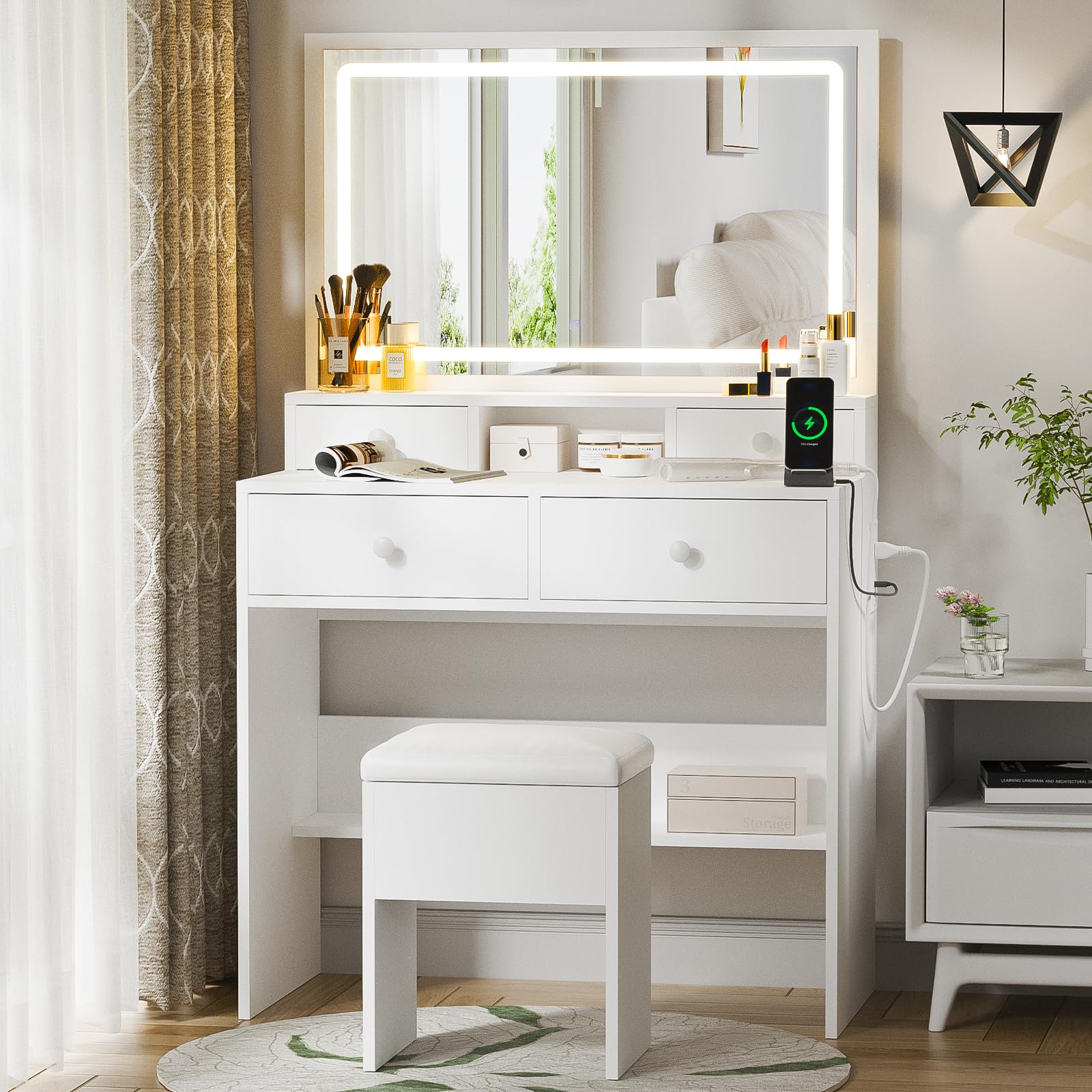 Haewon White Vanity Desk with Mirror, LED Lights & USB Charging Station, Makeup Dressing Table Set with 4 Drawers & Storage Stool - 3 Adjustable Lighting Modes for Bedroom, Home Office & Beauty Salon