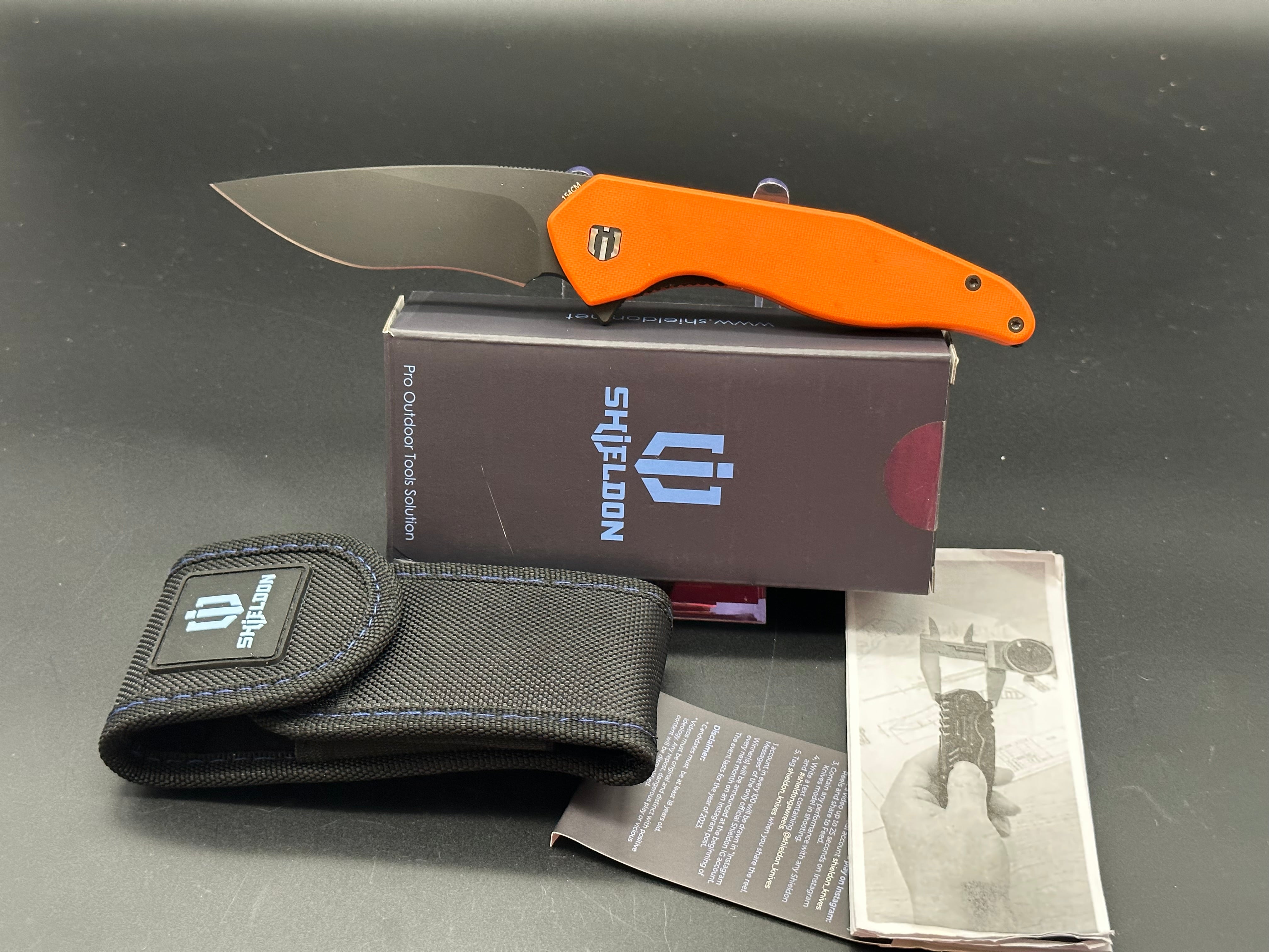 SHIELDON VIPER TANGERINE G10 Handle Folding Knife - 154CM Stainless Steel Blade - EDC Pocket Knife for Camping, Hiking & Outdoor Survival