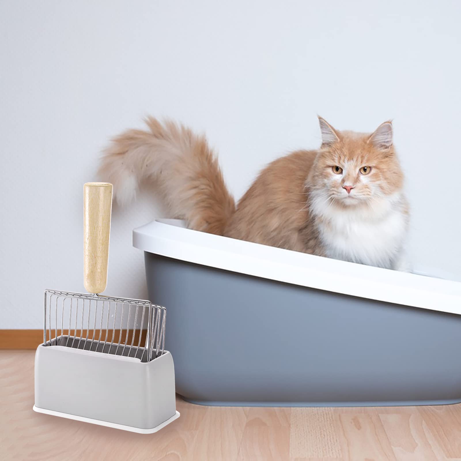 Premium Set of 2 Metal Cat Litter Scoops with Wooden Handle & Holder - Durable Kitty Waste Scooper for Fast Sifting - Gray & Blue Design - Perfect for Litter Box Cleaning & Multi-Cat Households