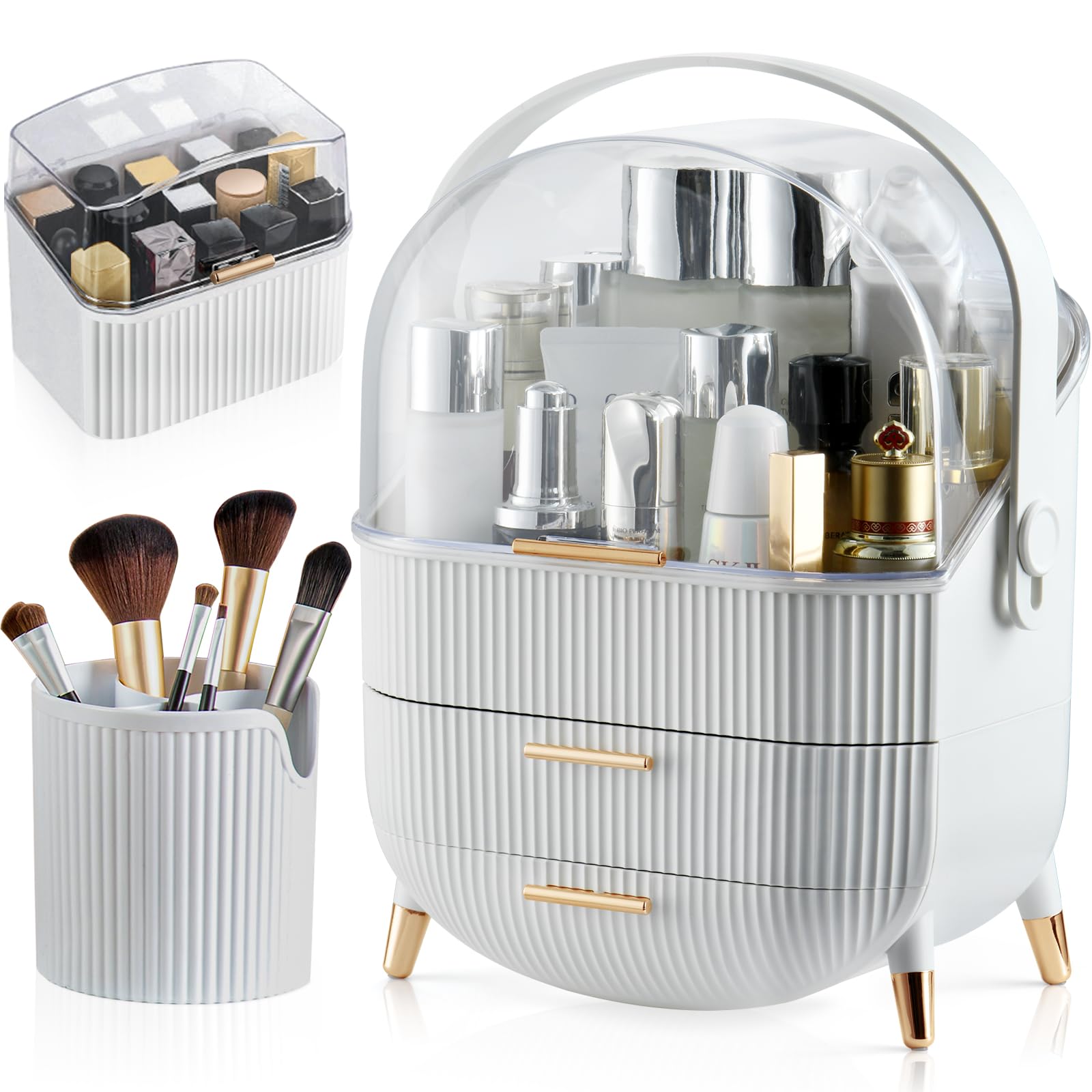 CANITORON Makeup Organizer with 2 Drawers & Brush Holder - Cosmetic Storage Case for Lipstick, Skincare Products | Vanity & Bathroom Countertop Organizer (White) - Perfect for Home, Travel & Gift Giving