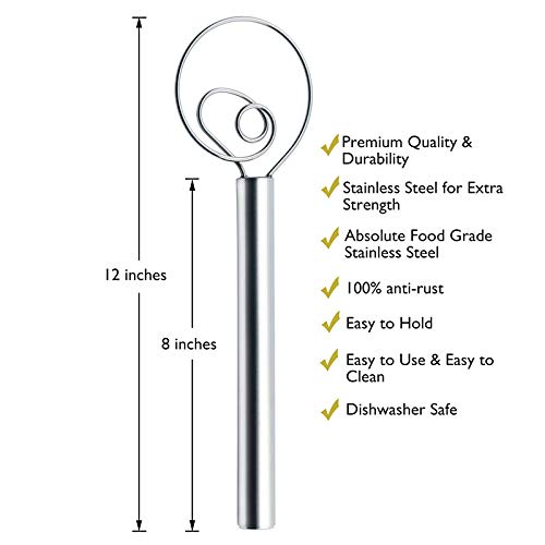 Arinda 12 Inch Stainless Steel Danish Dough Whisk - Heavy Duty Dutch Bread Mixer for Baking, Cooking & Pastry Making - Perfect for Bread, Pizza Dough, Cookies & Cake Batter