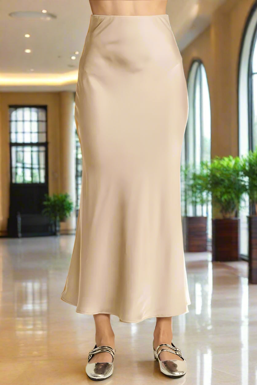 Stylish Beige High Waist Skirt for Women - A-Line Midi Length with Pockets - Perfect for Office, Date Night & Spring Outfits