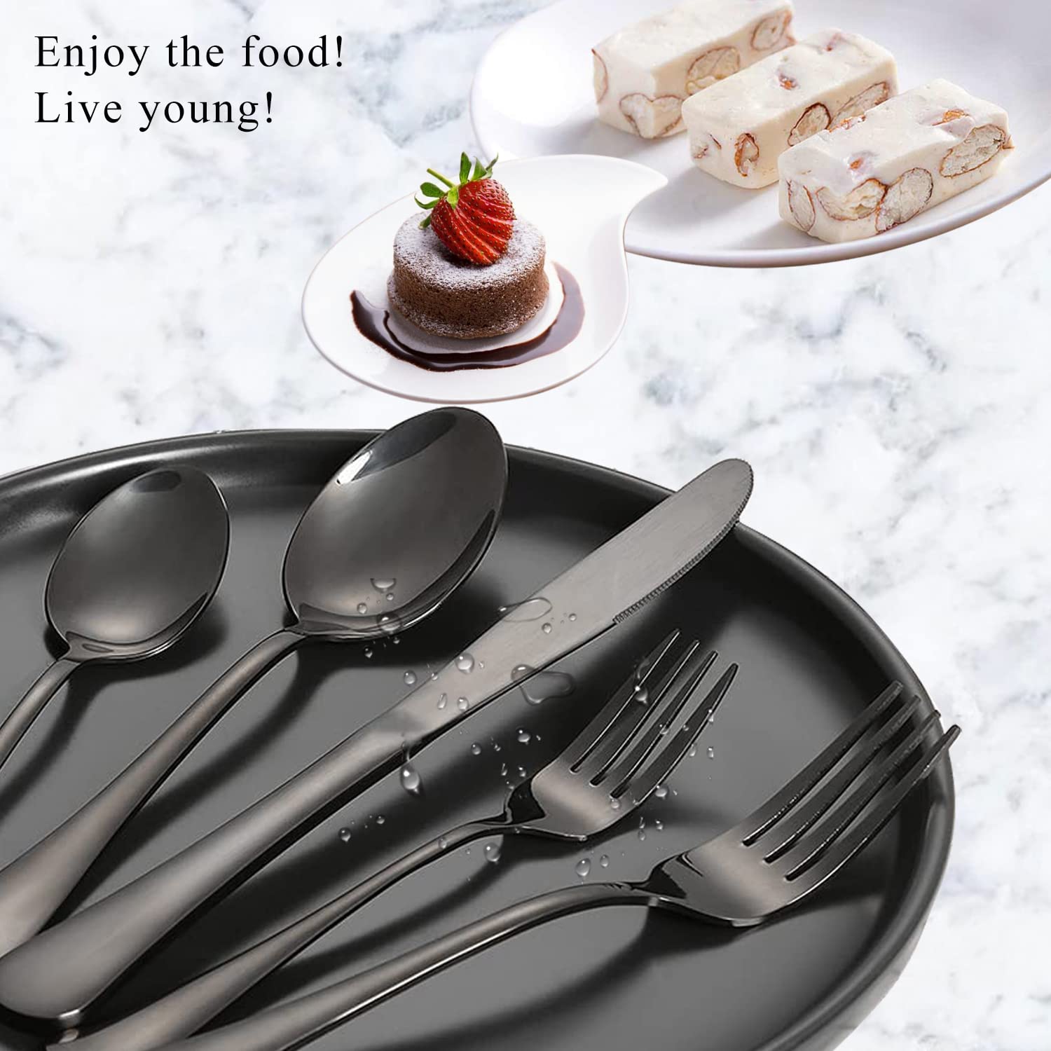 Premium 16-Piece Stainless Steel Cutlery Set - 8 Black Forks & Spoons (8