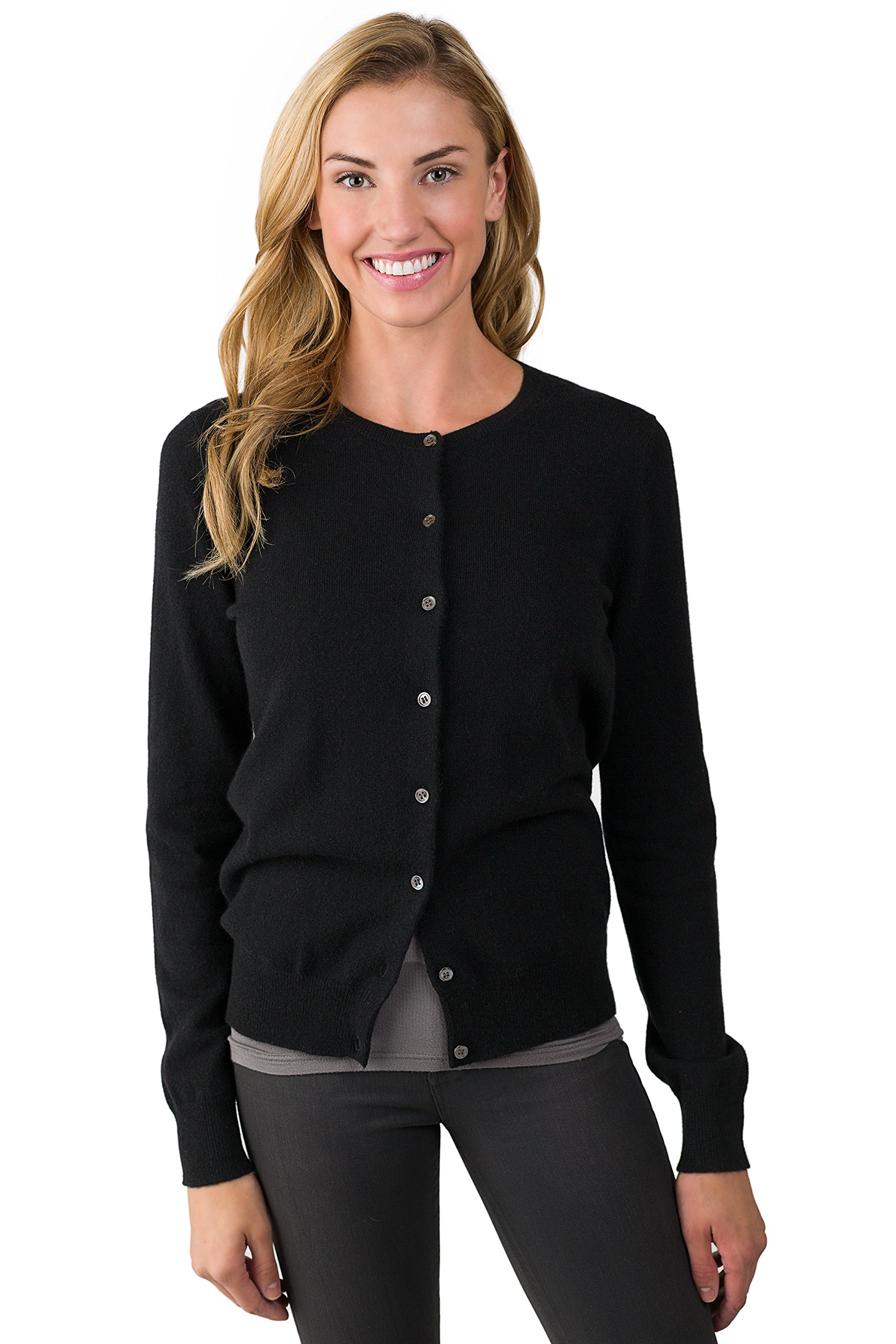JENNIE LIU Women's 100% Pure Cashmere Button-Up Long Sleeve Crewneck Cardigan Sweater | Soft Warm Winter Knitwear for Office, Date Night & Casual Outfits