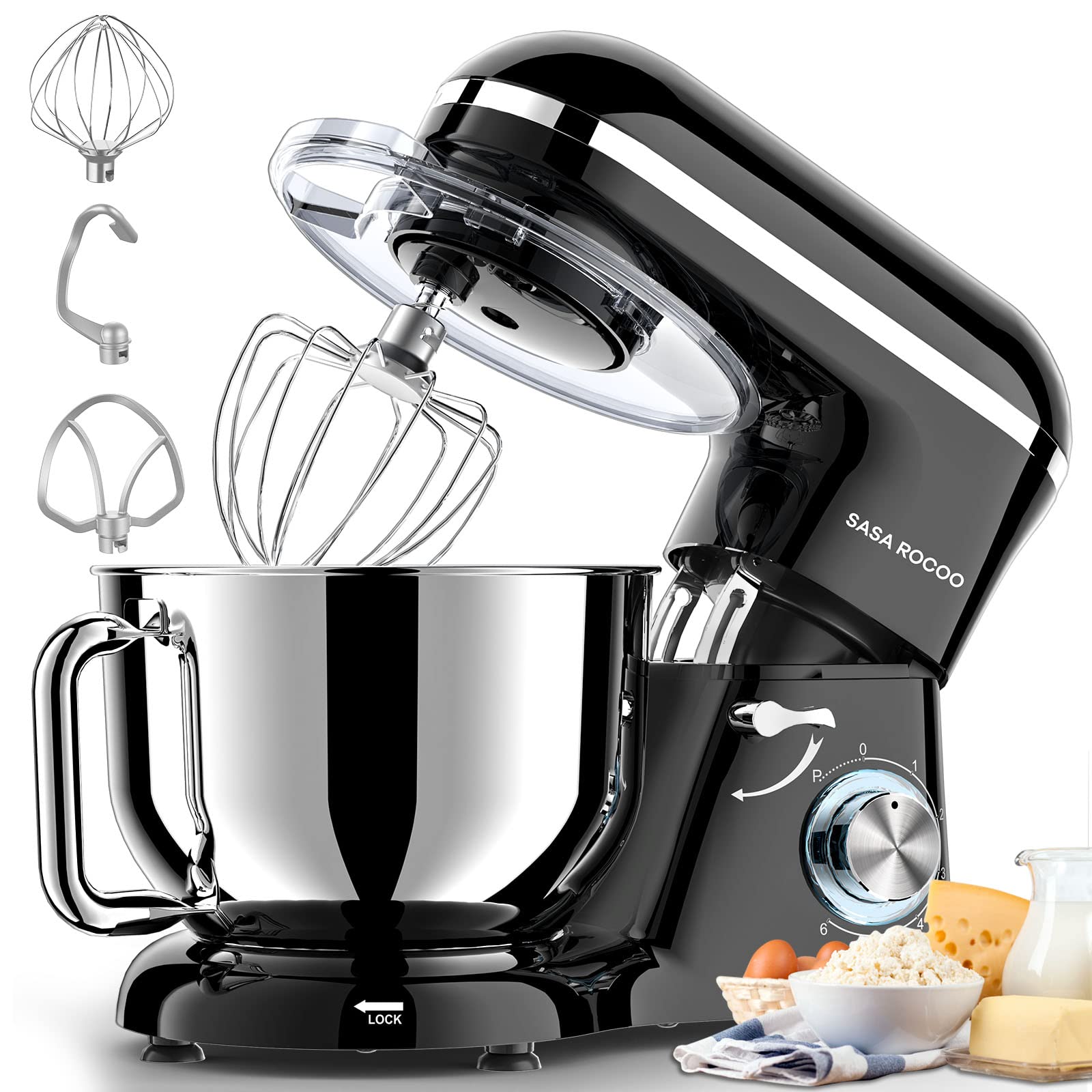 SASA ROCOO 660W Stand Mixer - 6+ Speed Tilt-Head Electric Kitchen Mixer with 7.5 Qt Stainless Steel Bowl, Beater, Dough Hook & Whisk - Perfect for Baking Cakes, Cookies, Pizza Dough & Bagels - Dishwasher Safe (Black) - Ideal for Home Bakers & Professional Kitchens