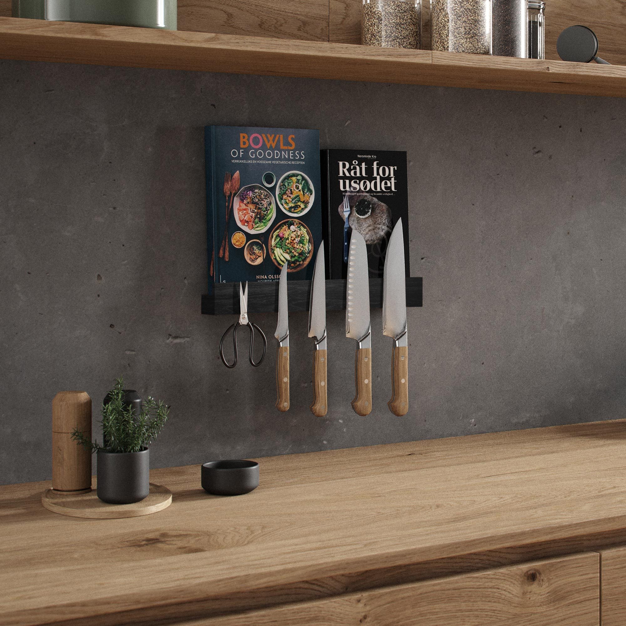EKTA LIVING Magnetic Knife Holder & Shelf - Black Oak Wood, 2 Sizes for Kitchen Storage & Organization - Perfect for Knives, Spices, Utensils in Modern Kitchens