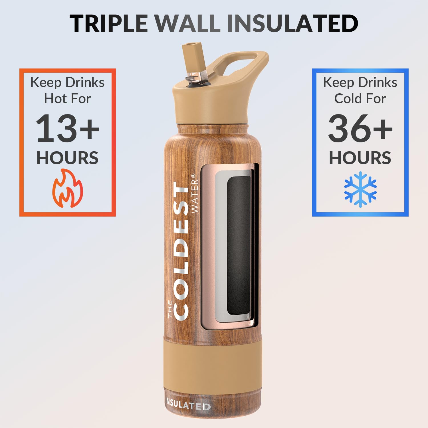 Coldest Sports Water Bottle with Straw Lid - 40oz Vacuum Insulated Stainless Steel Thermos - Leak Proof, Reusable Metal Flask for Gym, Hiking & Outdoor Activities (Executive Wood Finish)