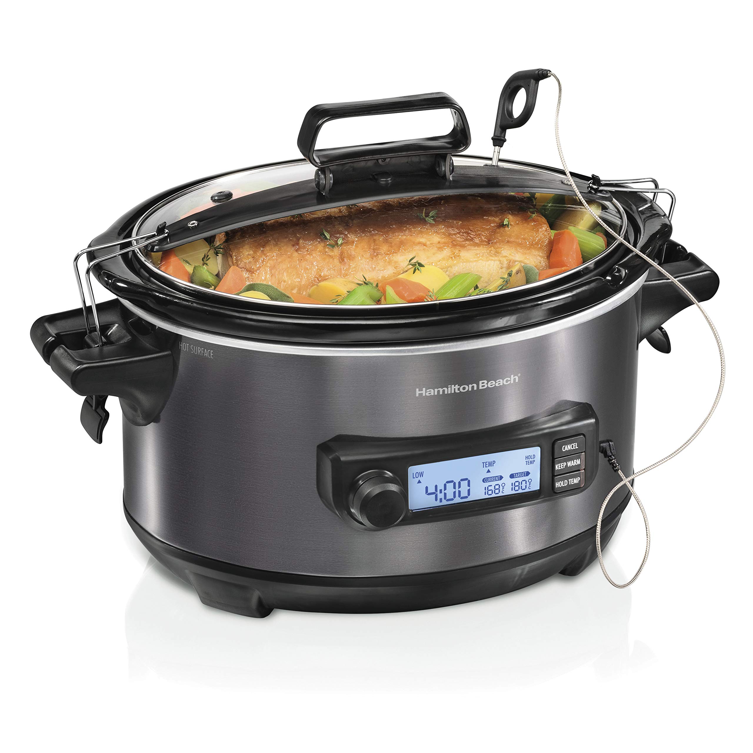 Hamilton Beach 6 Quart Digital Programmable Slow Cooker with Lid Lock & Temperature Probe - Dishwasher Safe Crock & Lid - Black Stainless (33866) - Perfect for Family Dinners, Meal Prep & Party Catering